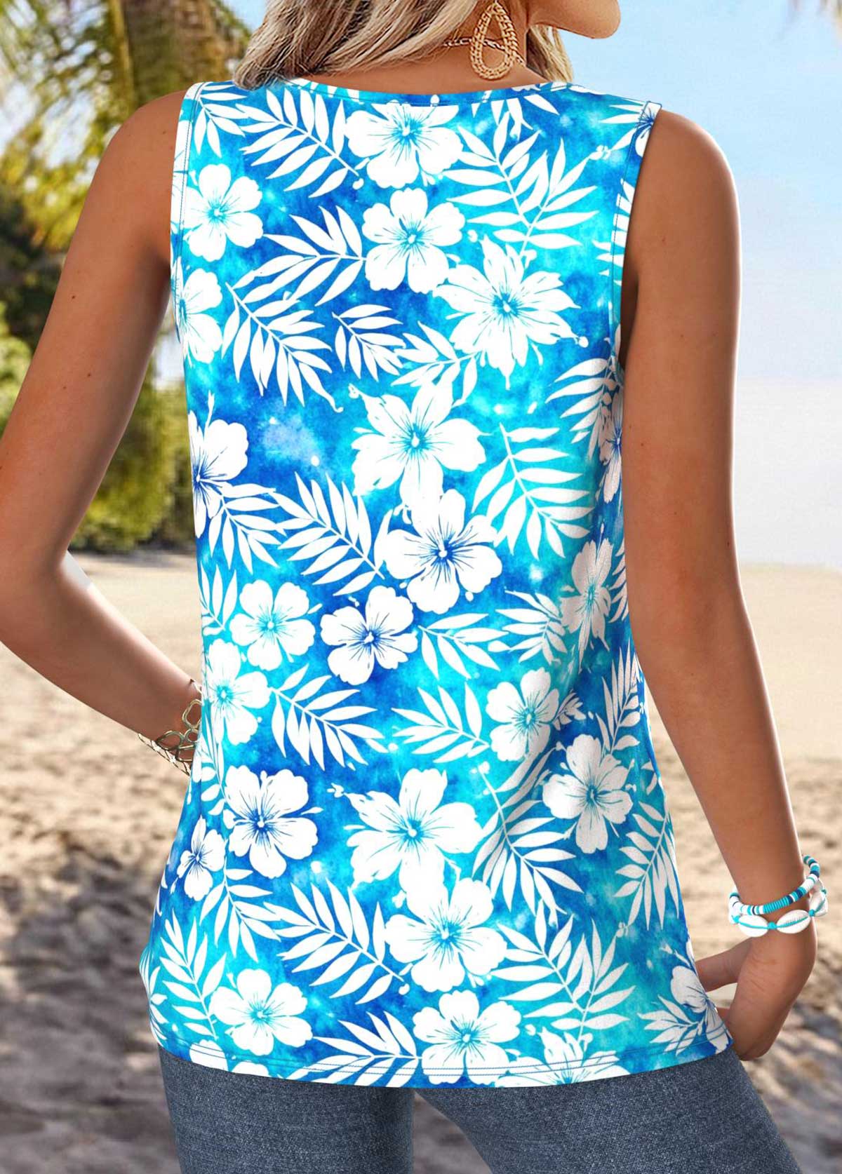 Blue Floral Print Sleeveless V Neck Tank Top | picture 