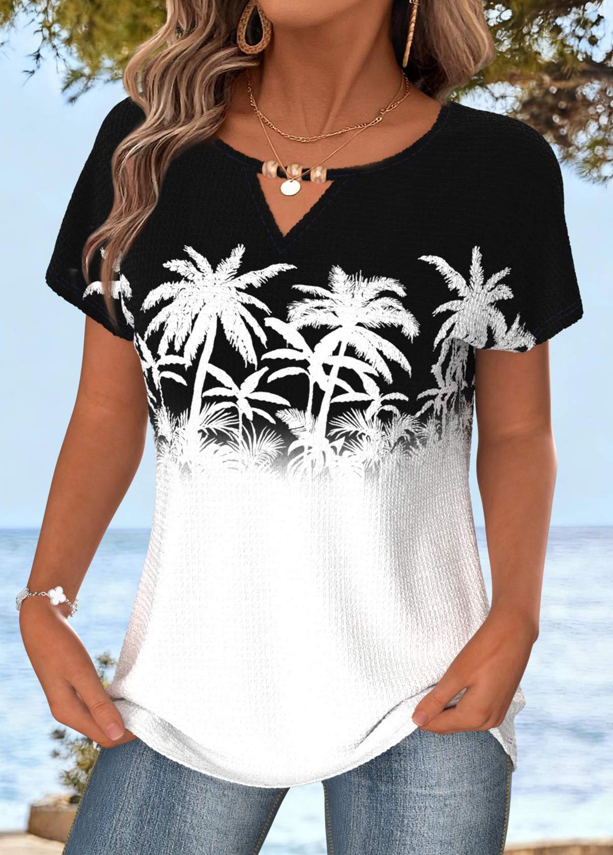 White Tummy Coverage Tropical Plants Print T Shirt | picture 