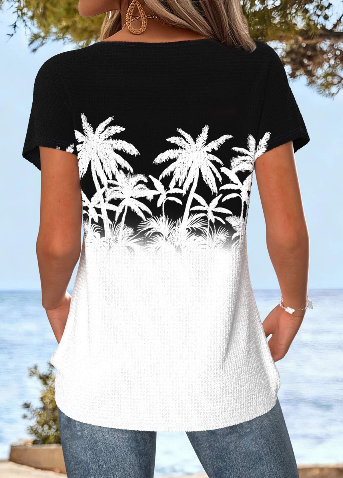 White Tummy Coverage Tropical Plants Print T Shirt | picture 