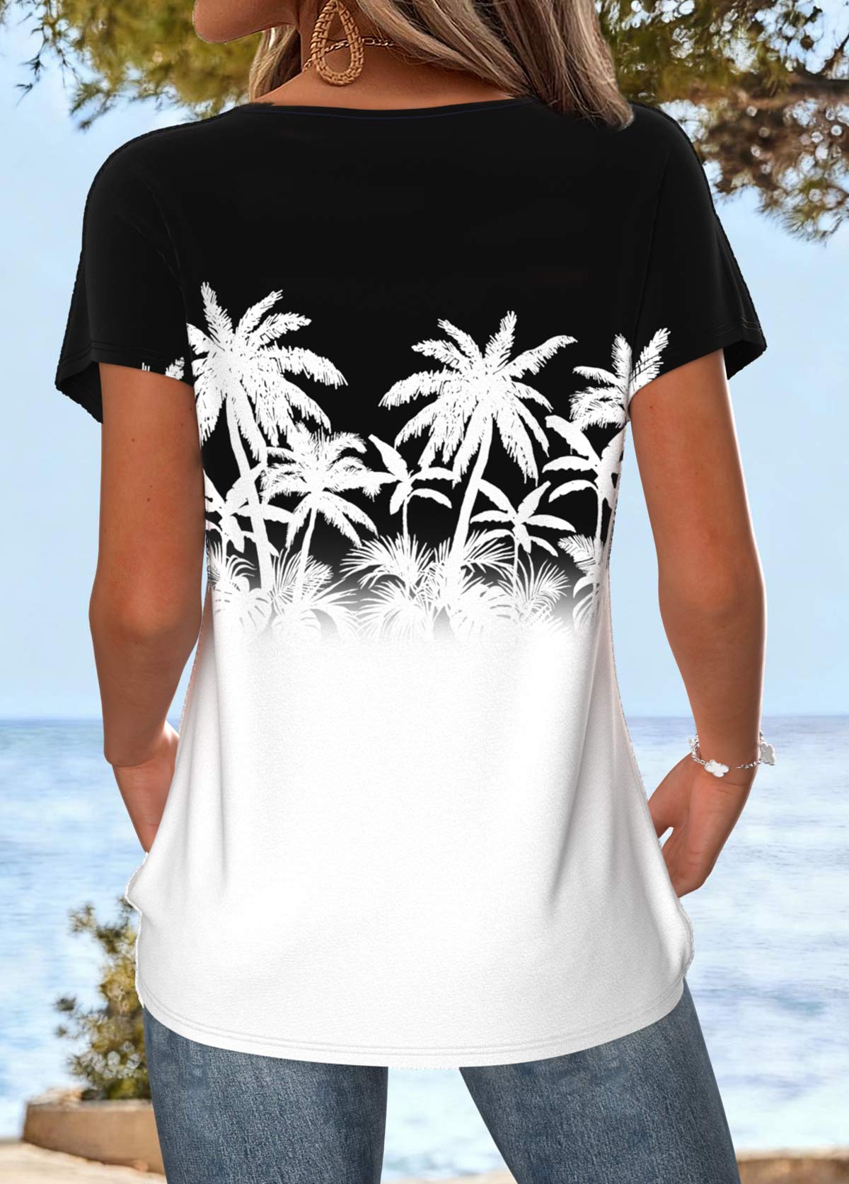 White Tummy Coverage Tropical Plants Print T Shirt | picture 