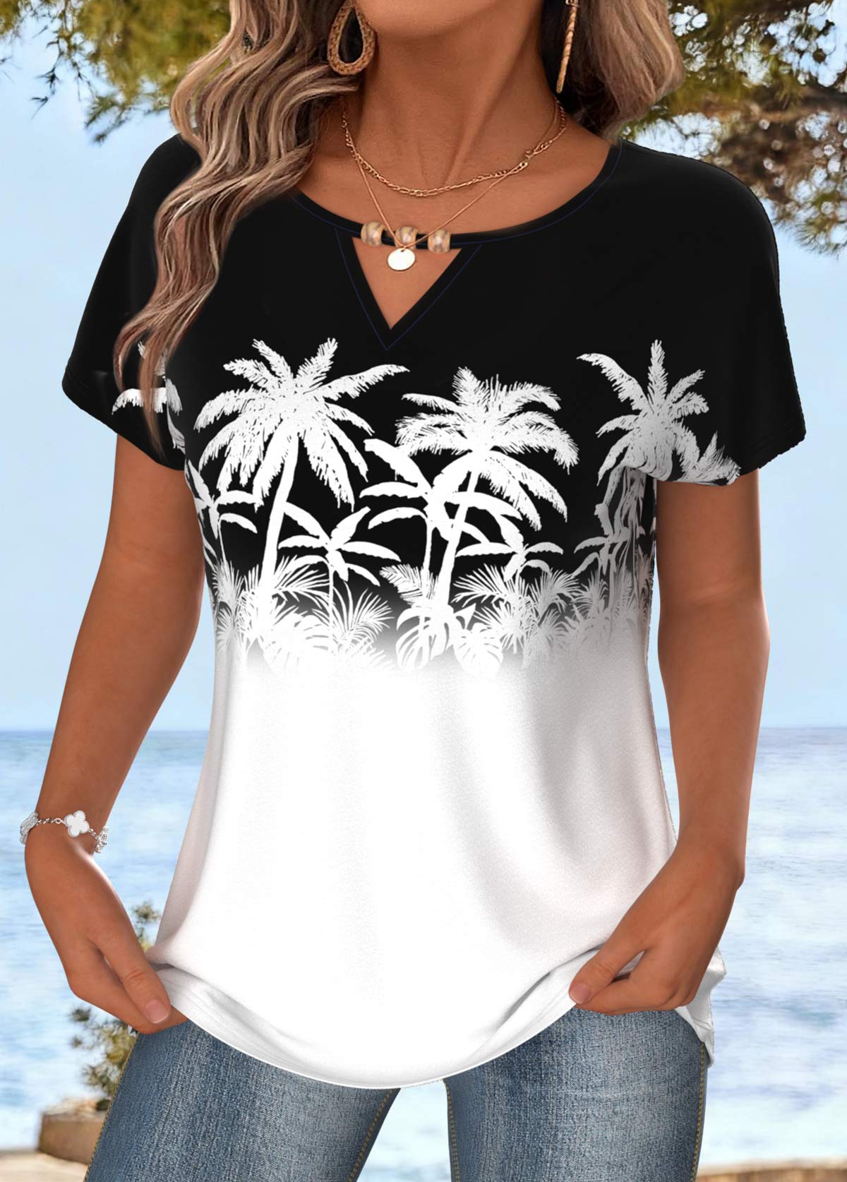 White Tummy Coverage Tropical Plants Print T Shirt | picture 