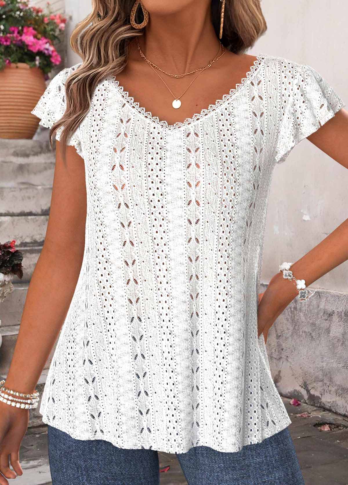 White Tummy Coverage Short Sleeve V Neck T Shirt | picture 