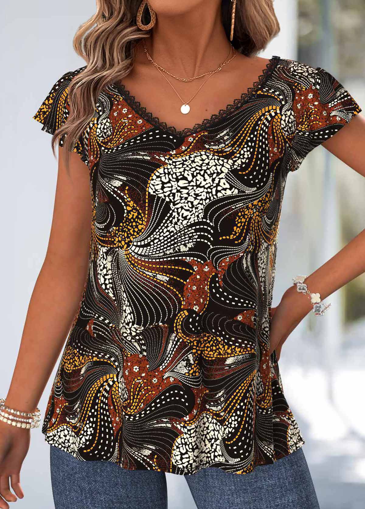 Black Tummy Coverage Geometric Print Short Sleeve T Shirt | picture 