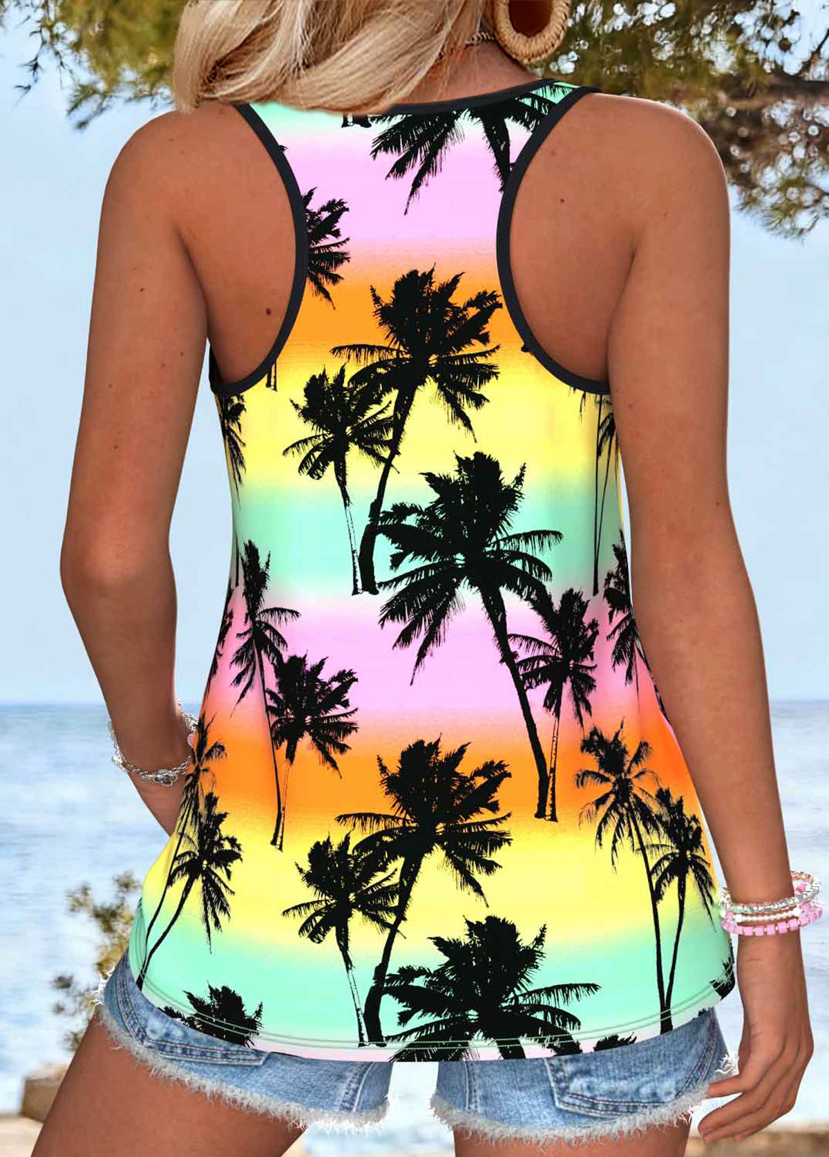 Multi Color Tummy Coverage Tropical Plants Print Camisole Top | picture 
