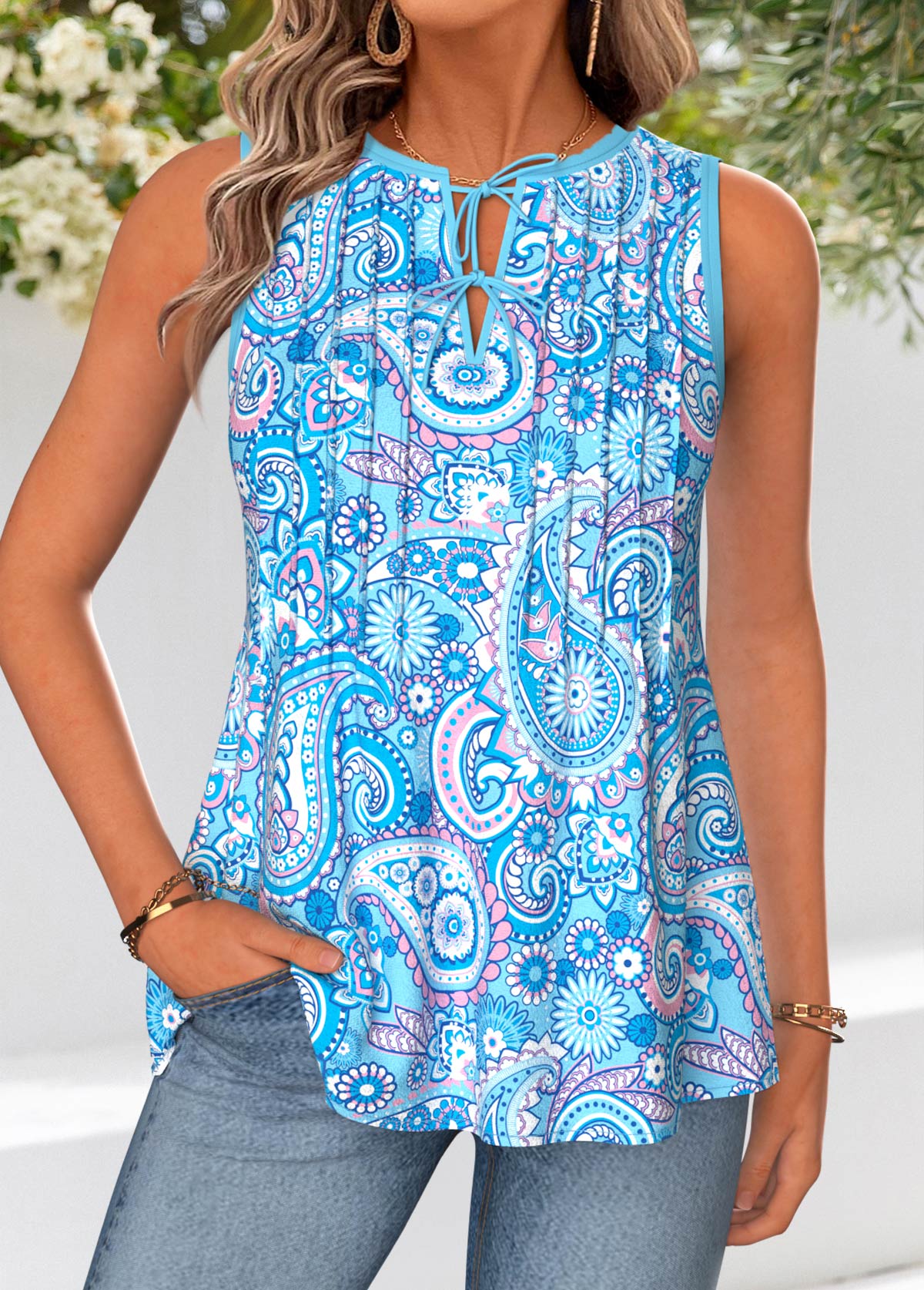 Blue Tie Paisley Print Sleeveless Split Neck Tank Top | picture 
