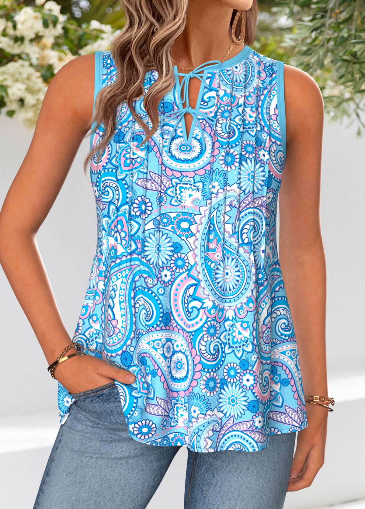 Blue Tie Paisley Print Sleeveless Split Neck Tank Top | picture 