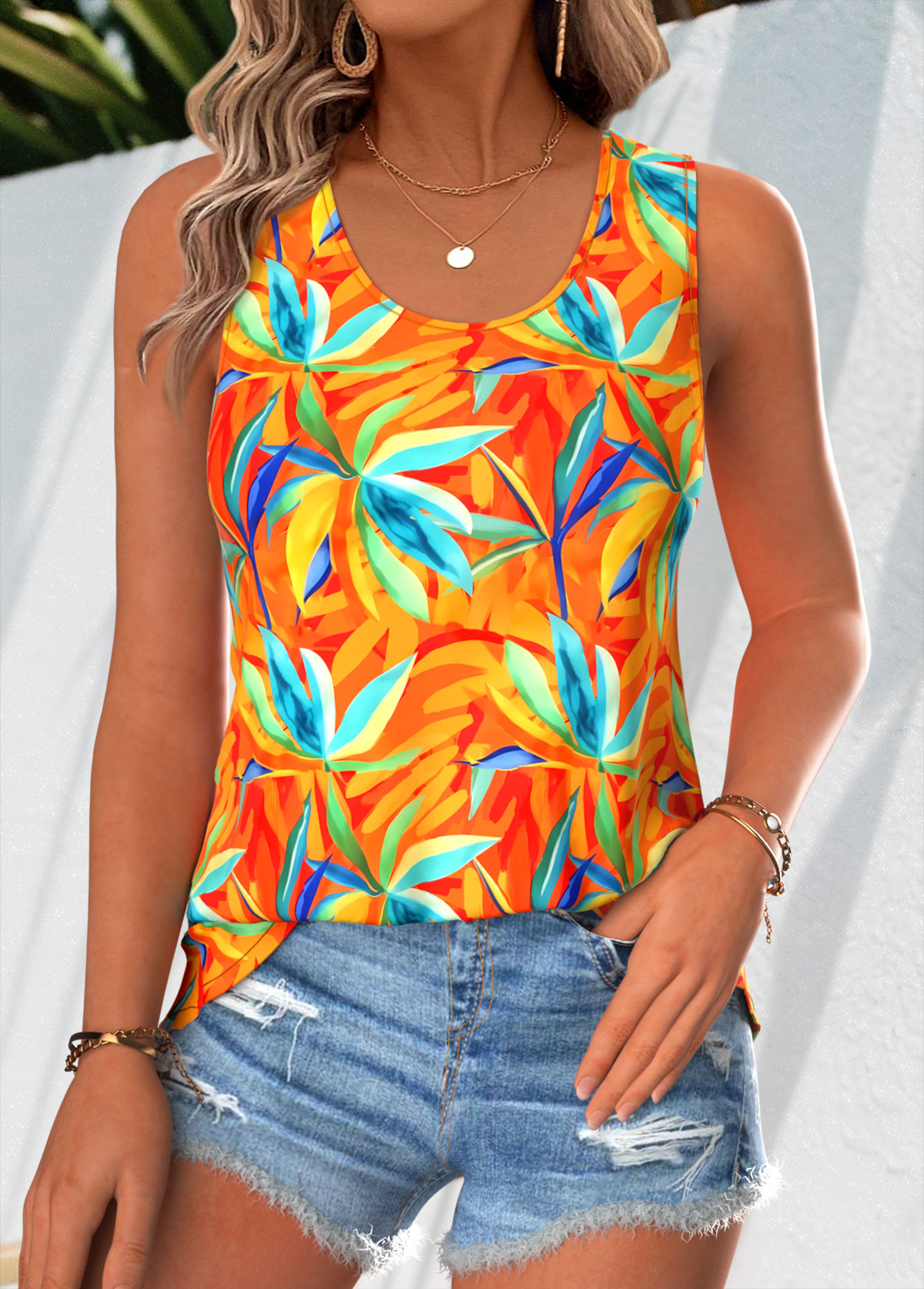 Orange Floral Print Sleeveless Round Neck Tank Top | picture 