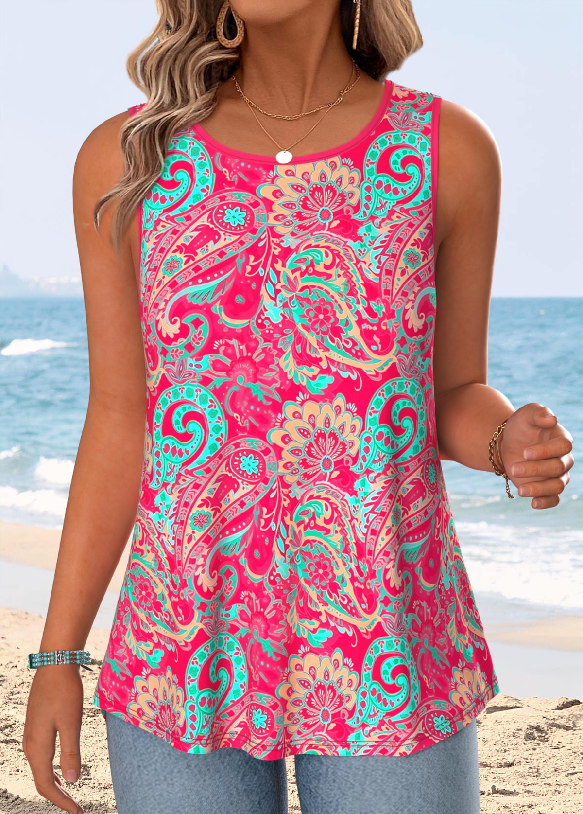 Hot Pink Tummy Coverage Paisley Print Sleeveless Tank Top | picture 