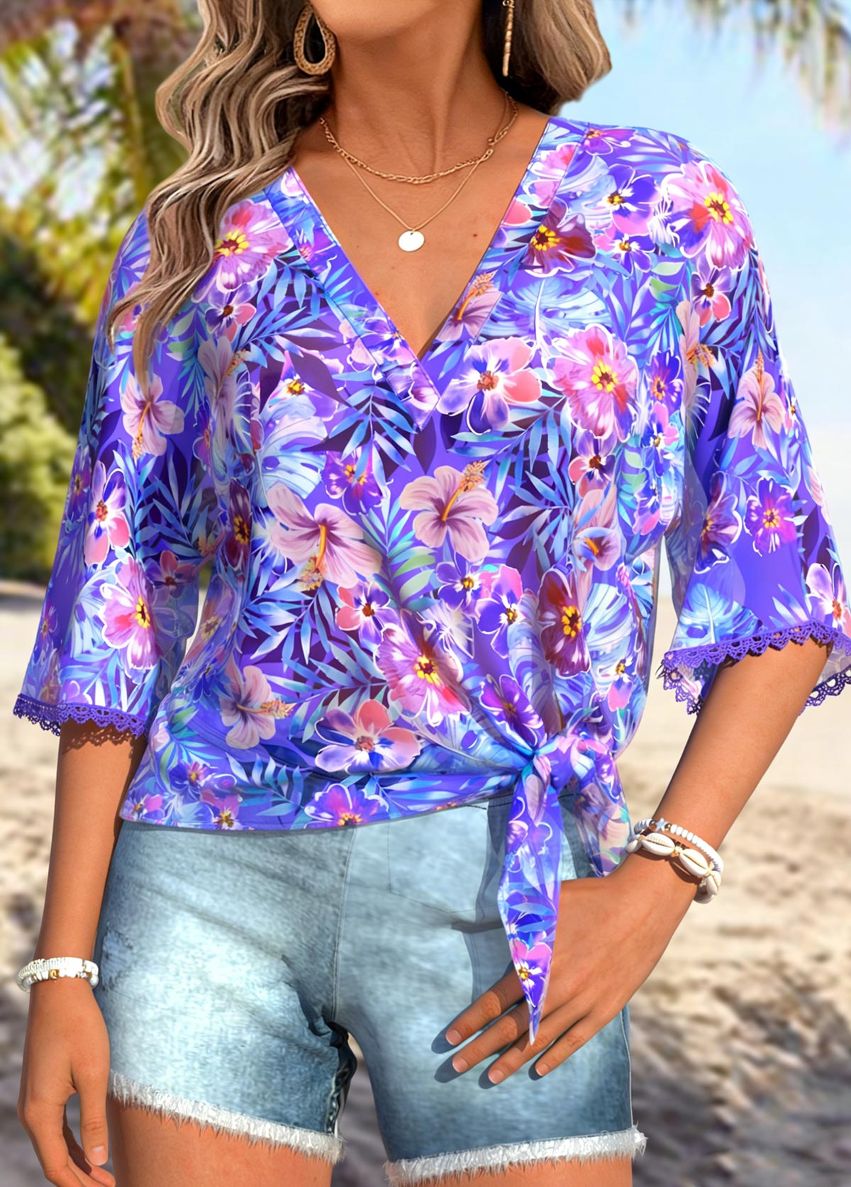 Purple Patchwork Floral Print Half Sleeve V Neck Blouse | picture 