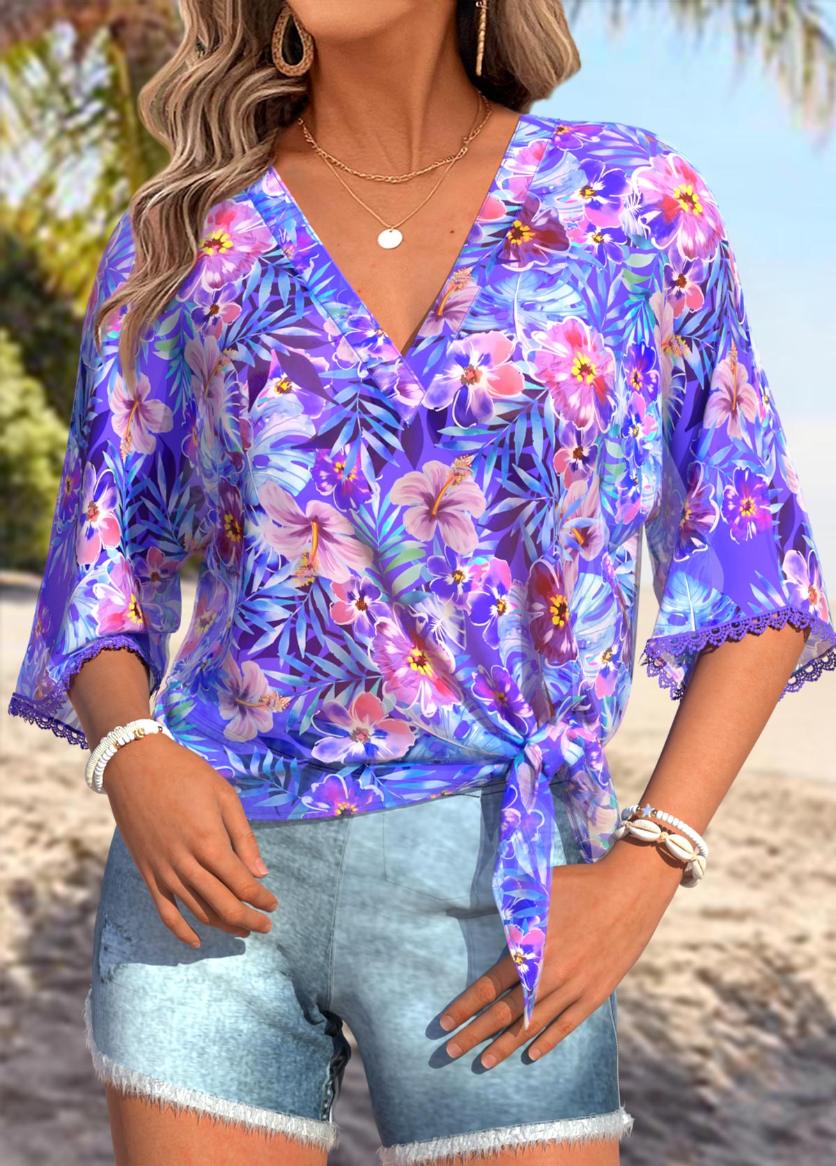 Purple Patchwork Floral Print Half Sleeve V Neck Blouse | picture 
