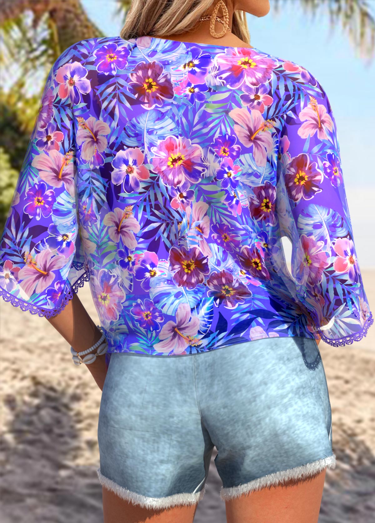 Purple Patchwork Floral Print Half Sleeve V Neck Blouse | picture 