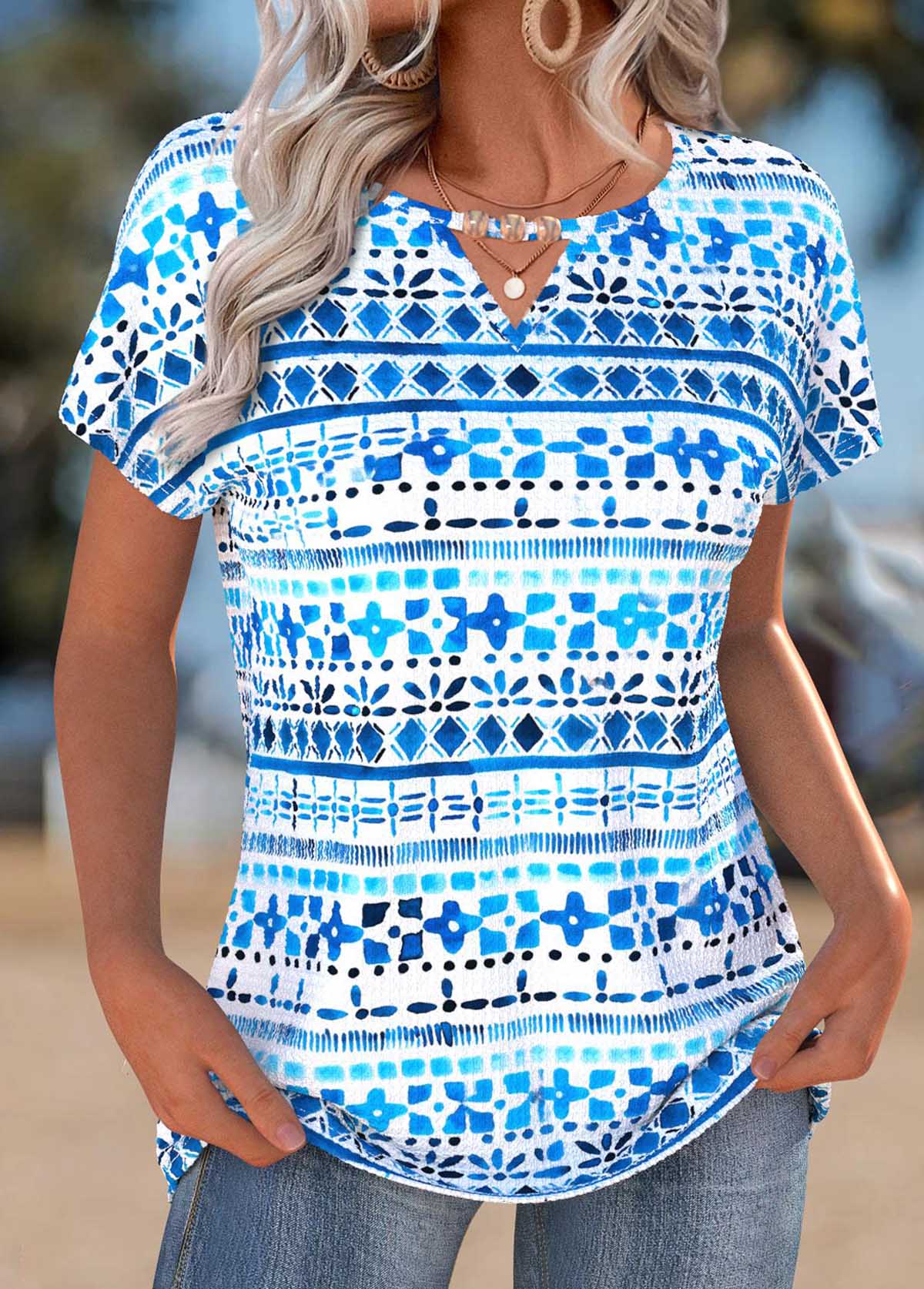 Light Blue Tummy Coverage Tribal Print T Shirt | picture 