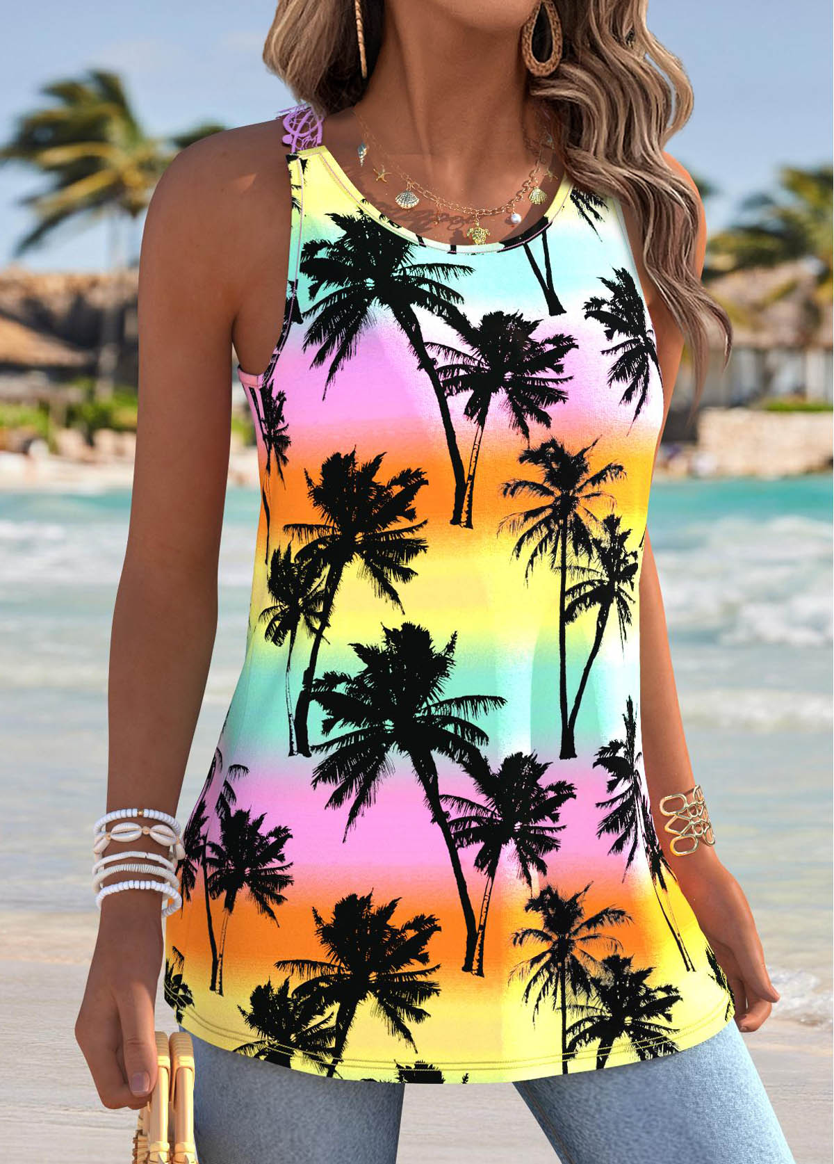 Multi Color Tummy Coverage Tropical Plants Print Tank Top | picture 