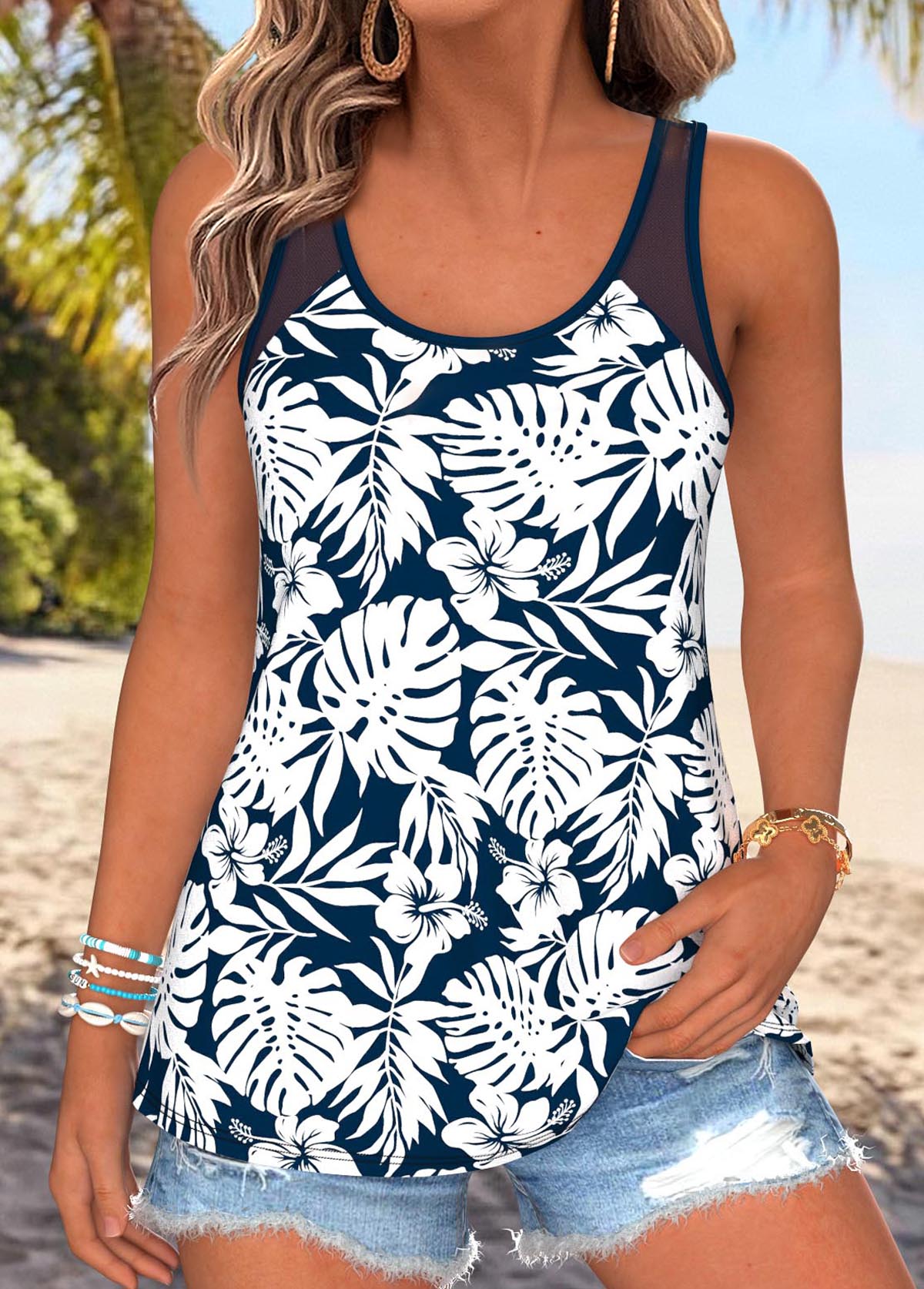 Navy Tummy Coverage Leaf Print Sleeveless Tank Top | picture 