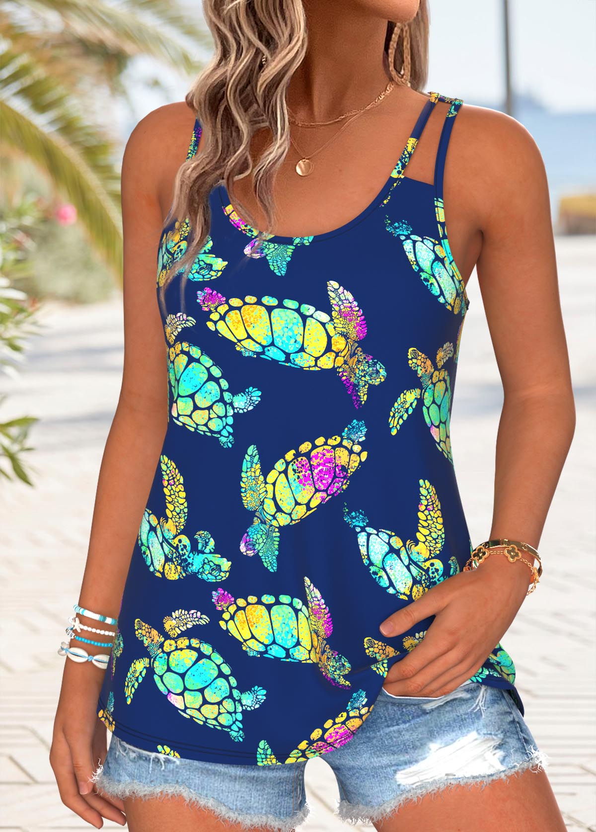 Navy Tummy Coverage Marine Life Print Sleeveless Camisole Top | picture 
