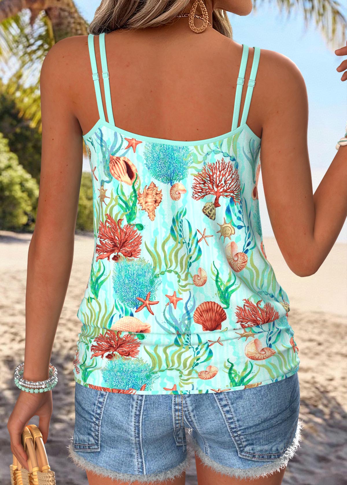 Green Tummy Coverage Marine Life Print Strappy Camisole Top | picture 