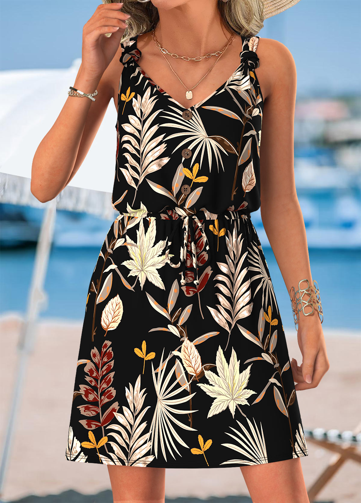 Black Tummy Coverage Leaf Print Short Sleeveless Dress | picture 