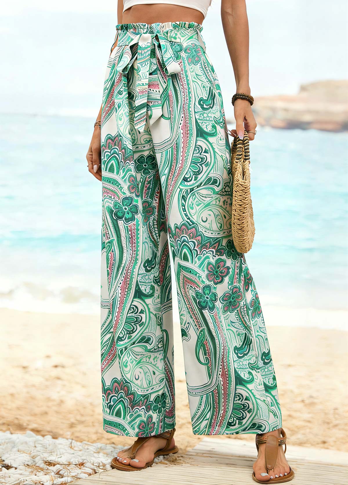 Green Floral Print Belted Wide Leg Elastic Waist Pants | picture 