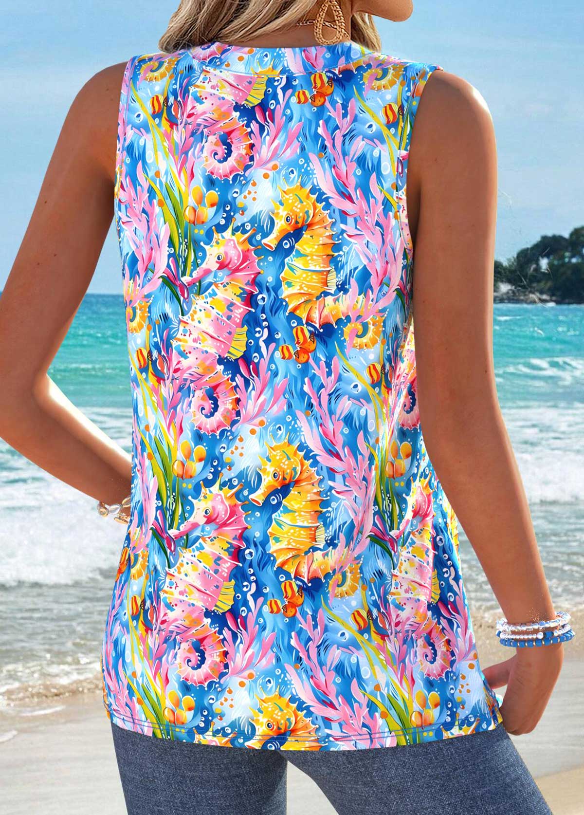 Multi Color Tummy Coverage Marine Life Print Tank Top | picture 