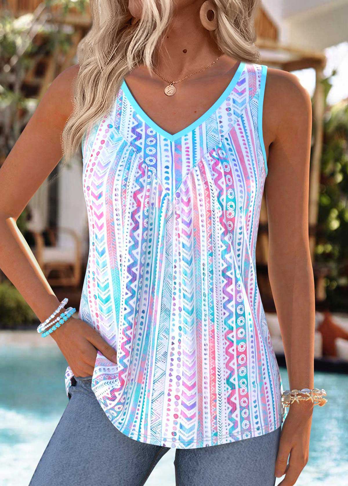 Multi Color Tummy Coverage Geometric Print Sleeveless Tank Top | picture 