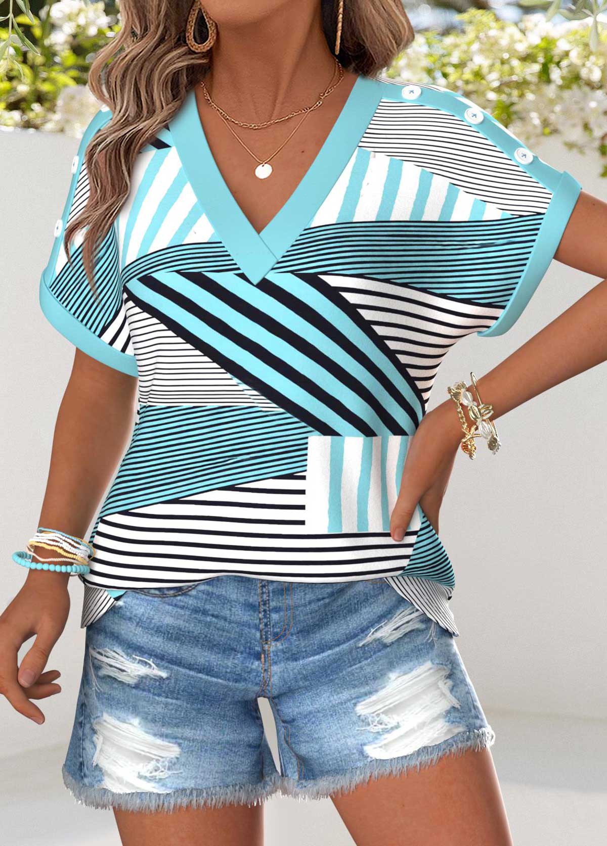 Cyan Tummy Coverage Geometric Print Short Sleeve T Shirt | picture 