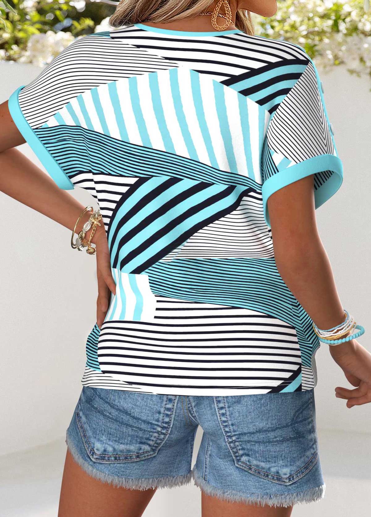 Cyan Tummy Coverage Geometric Print Short Sleeve T Shirt | picture 