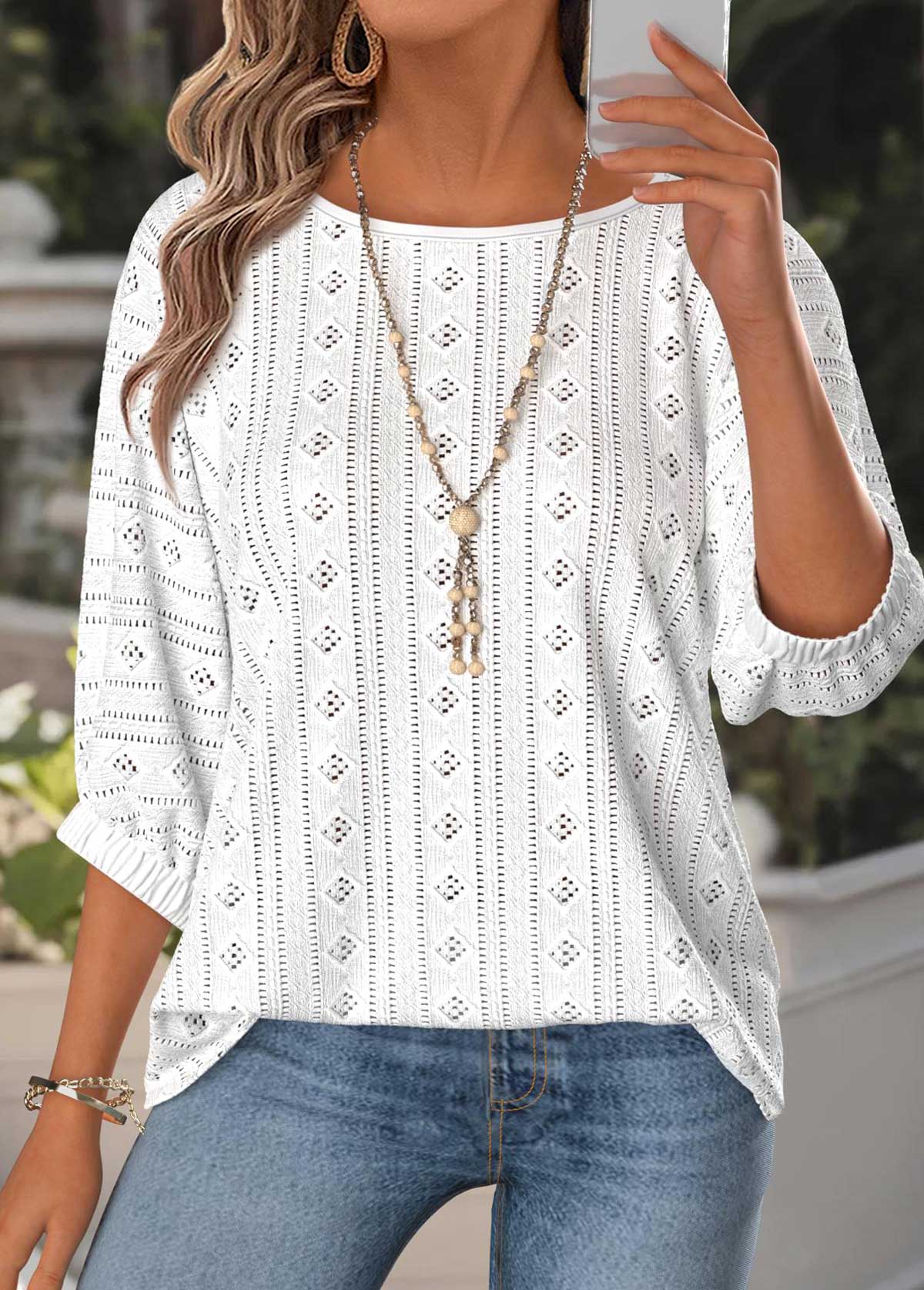 Raw White Tummy Coverage 3/4 Sleeve Round Neck Blouse | picture 