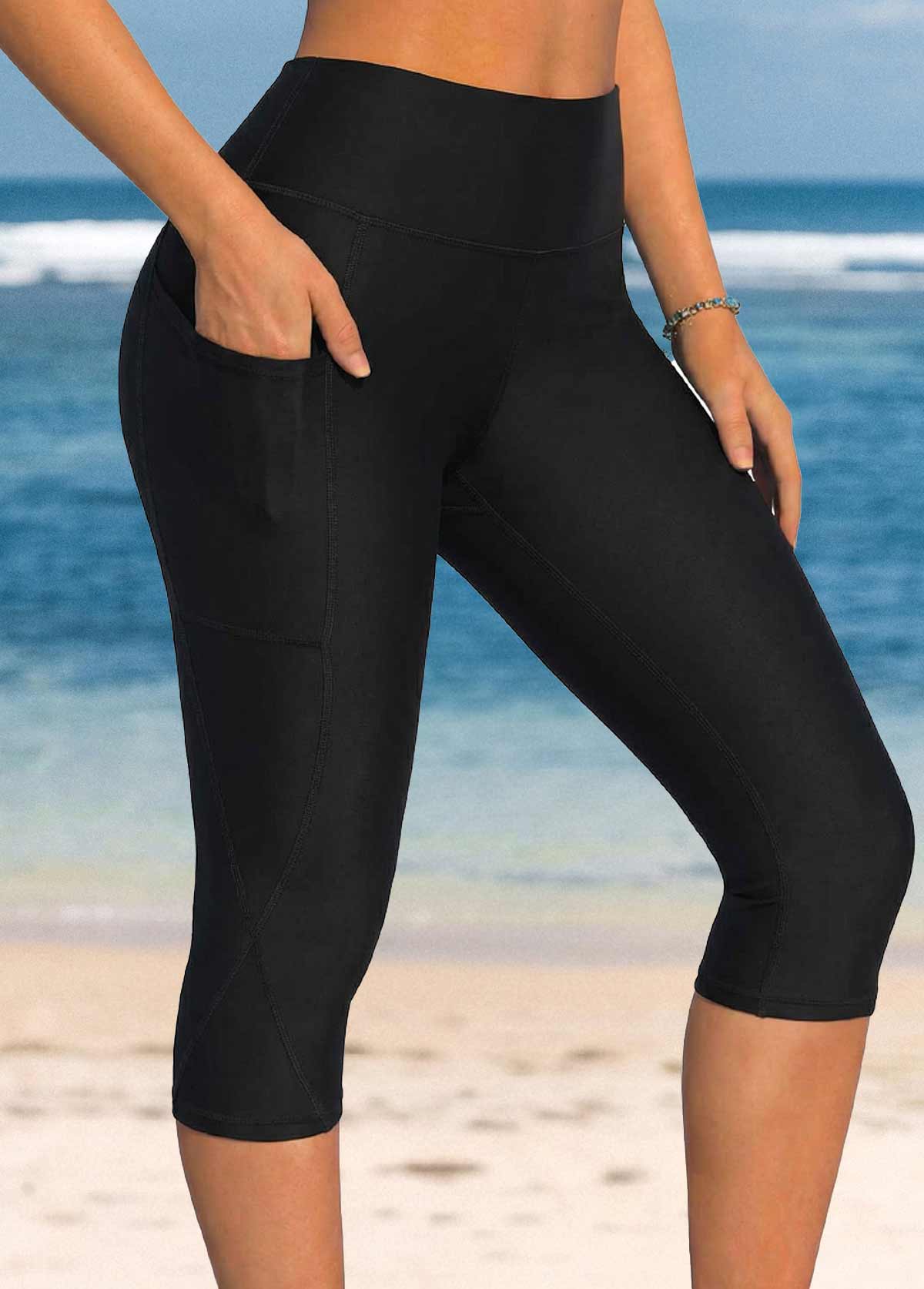 Wide Waistband High Waisted Black Swim Capris | picture 