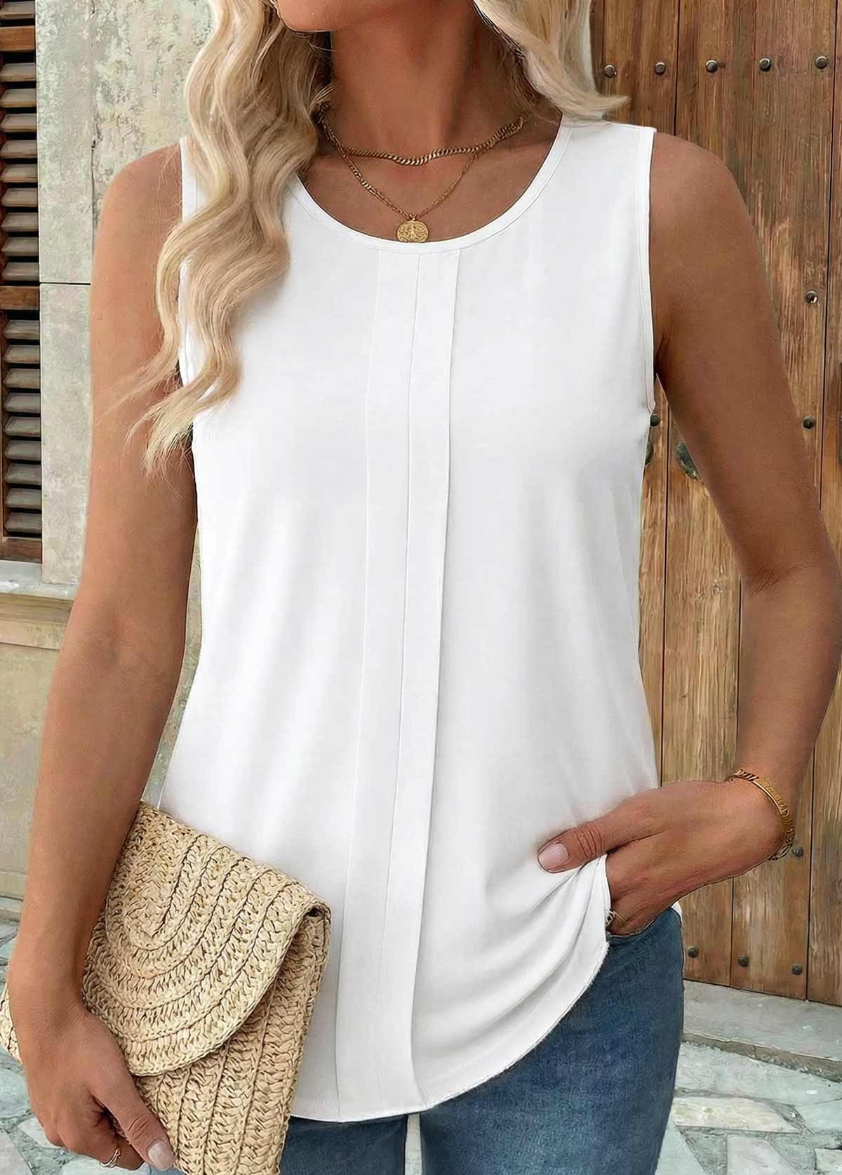 White Patchwork Sleeveless Round Neck Tank Top | picture 