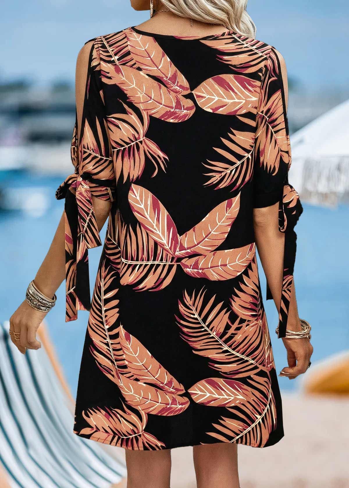 Black Tummy Coverage Leaf Print A Line Dress | picture 