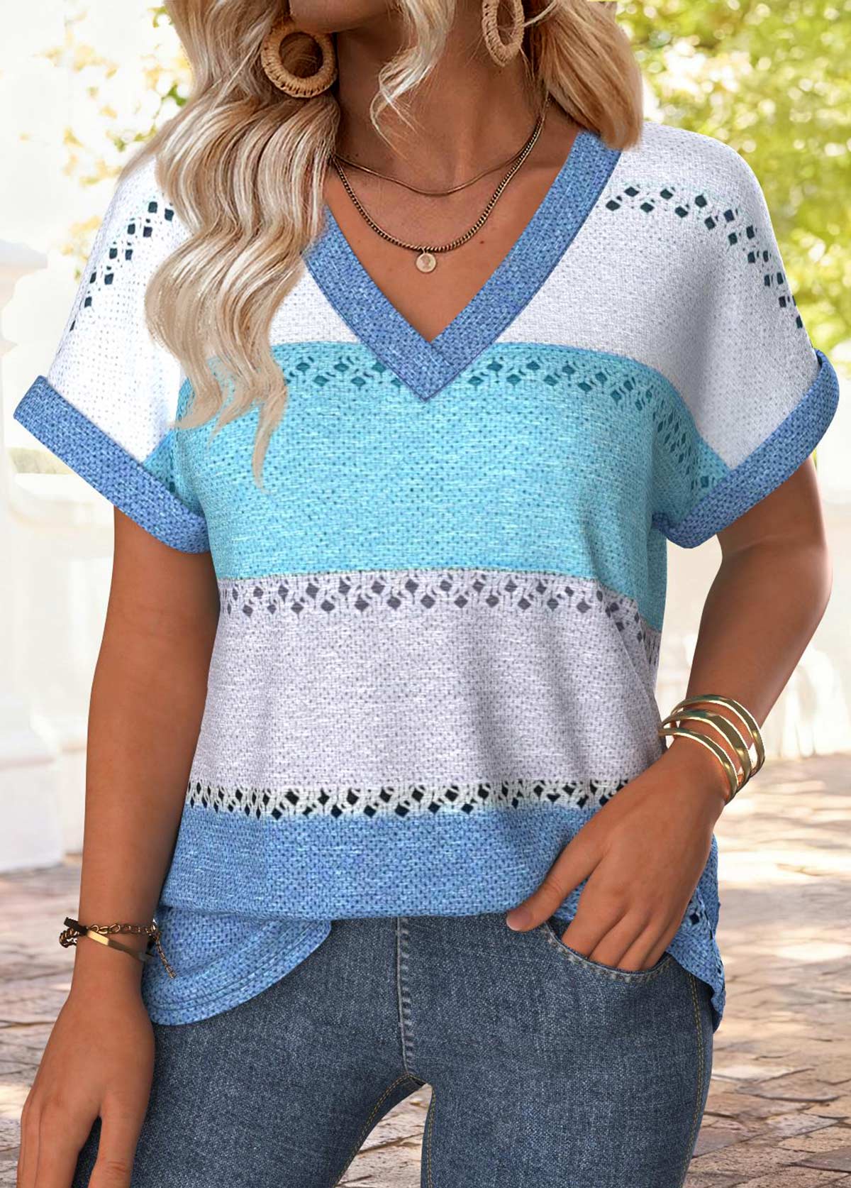 Multi Color Tummy Coverage Striped Short Sleeve T Shirt | picture 