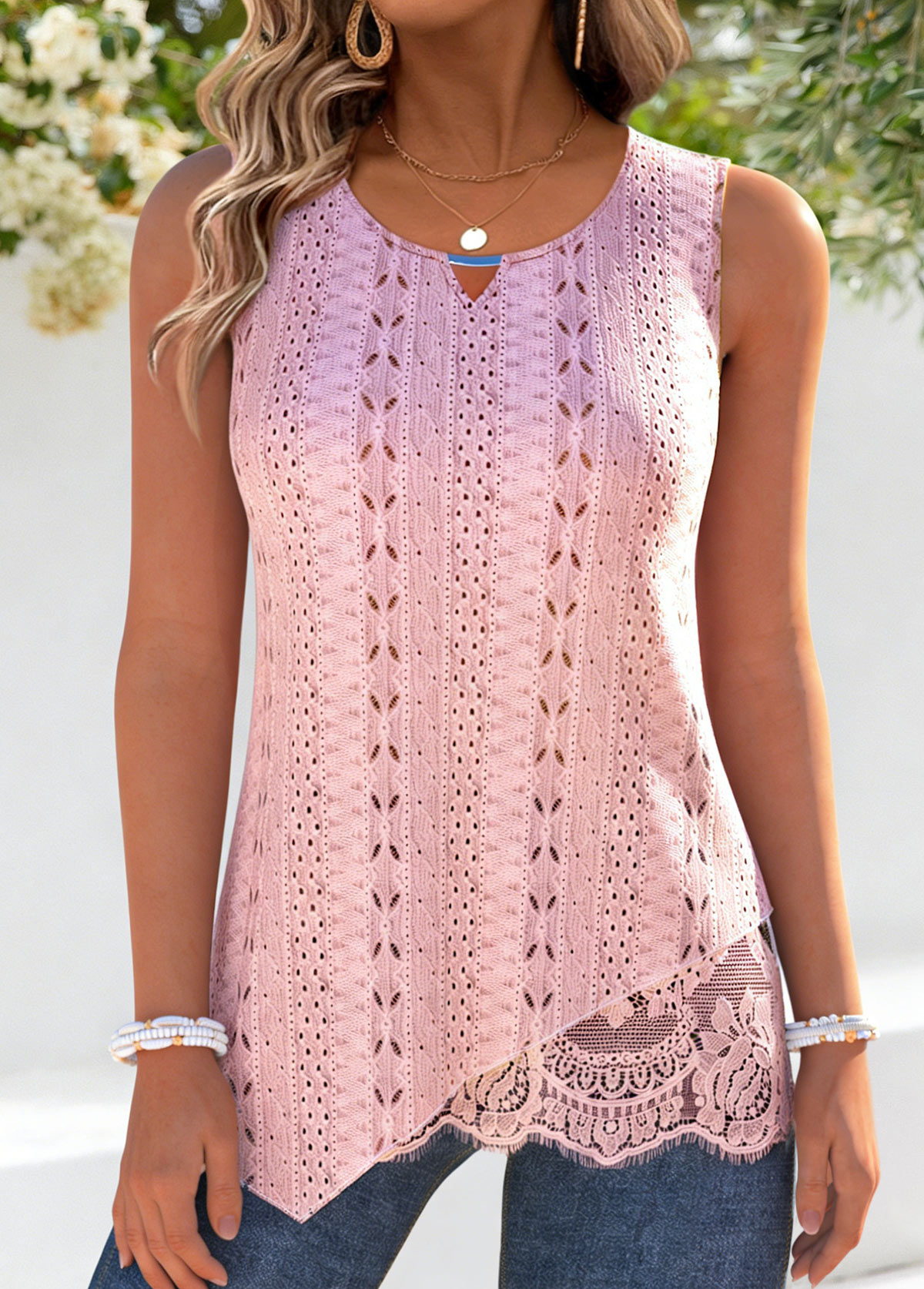 Light Pink Tummy Coverage Sleeveless Split Neck Tank Top | picture 