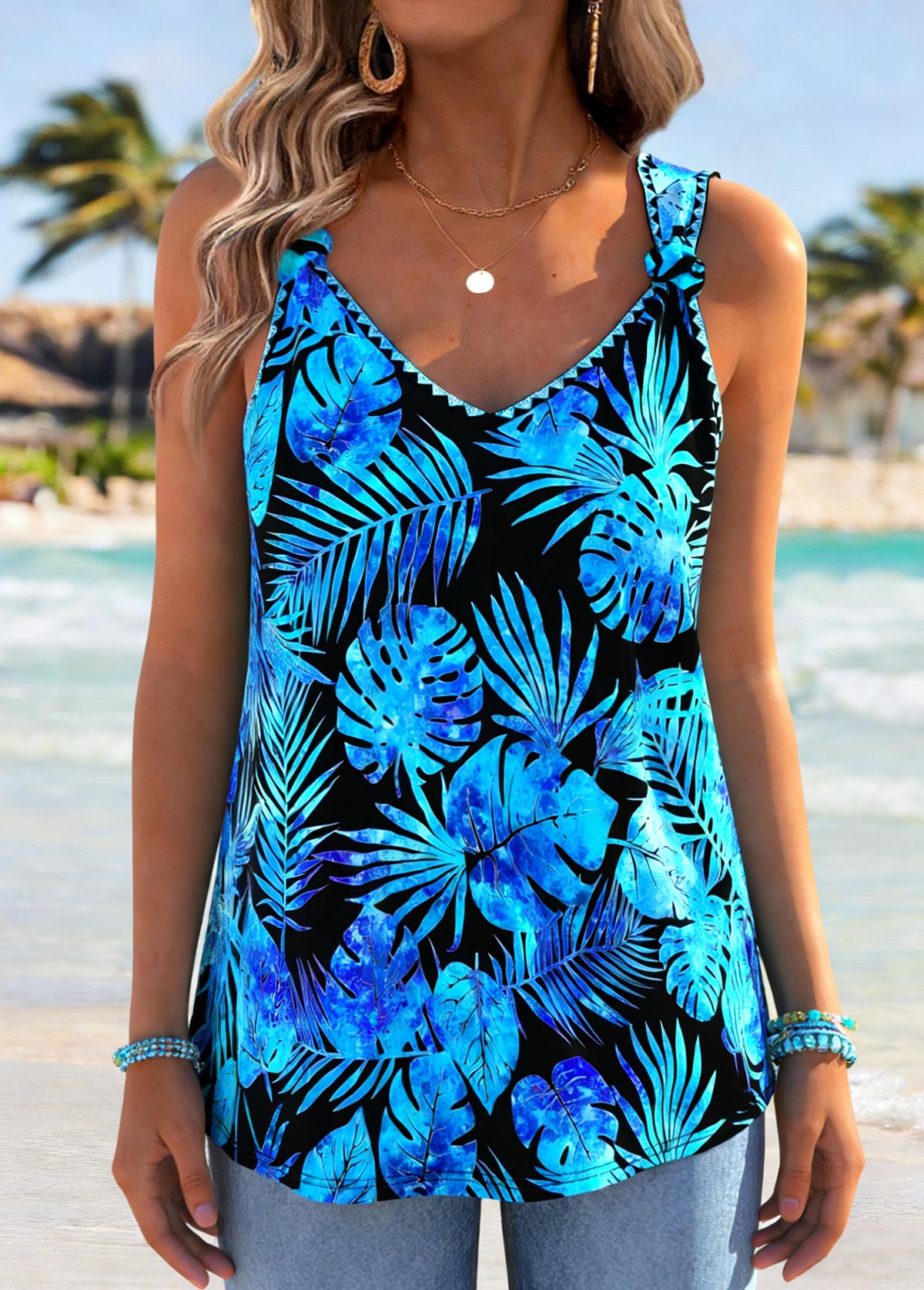 Royal Blue Tummy Coverage Leaf Print Strappy Tank Top | picture 