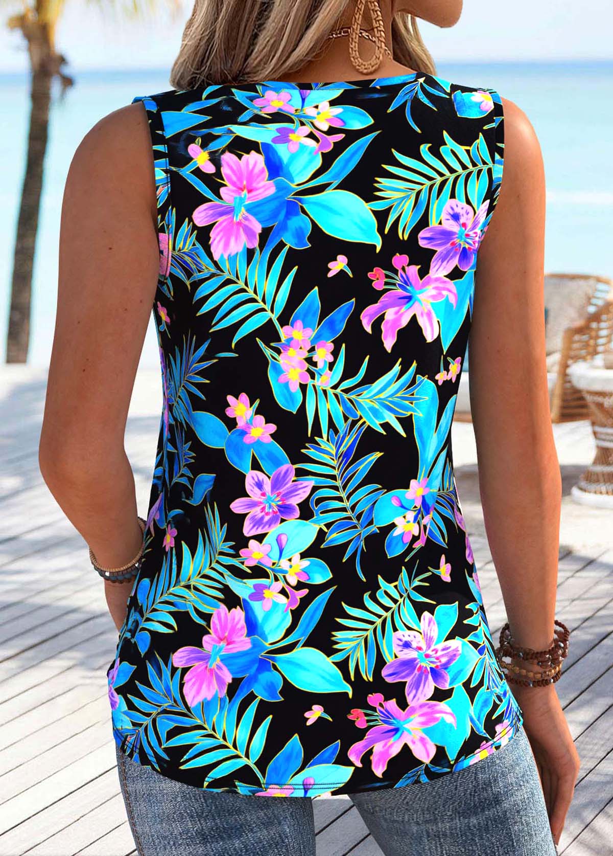 Sky Blue Tummy Coverage Floral Print Sleeveless Tank Top | picture 