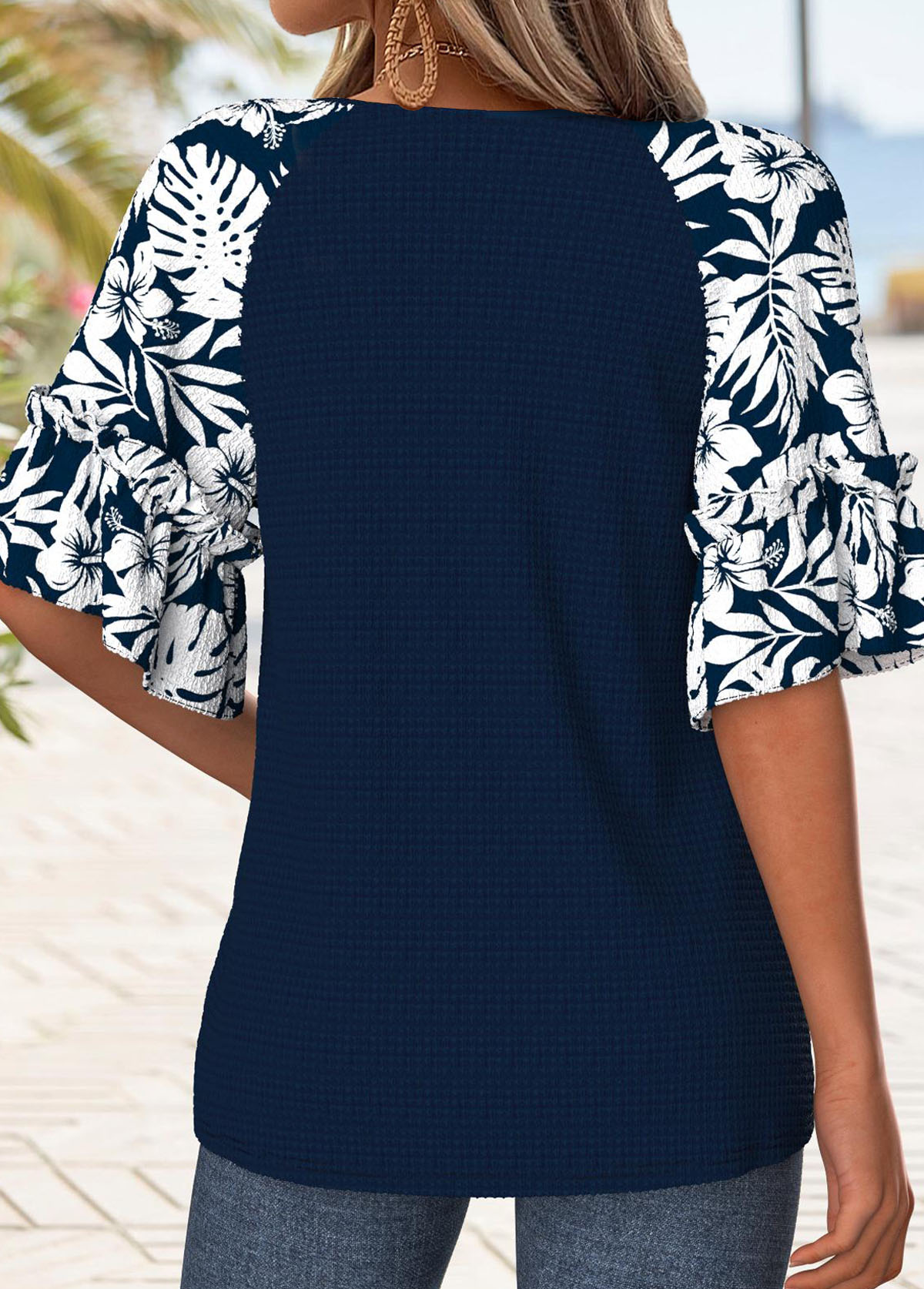 Navy Tummy Coverage Tropical Plants Print T Shirt | picture 