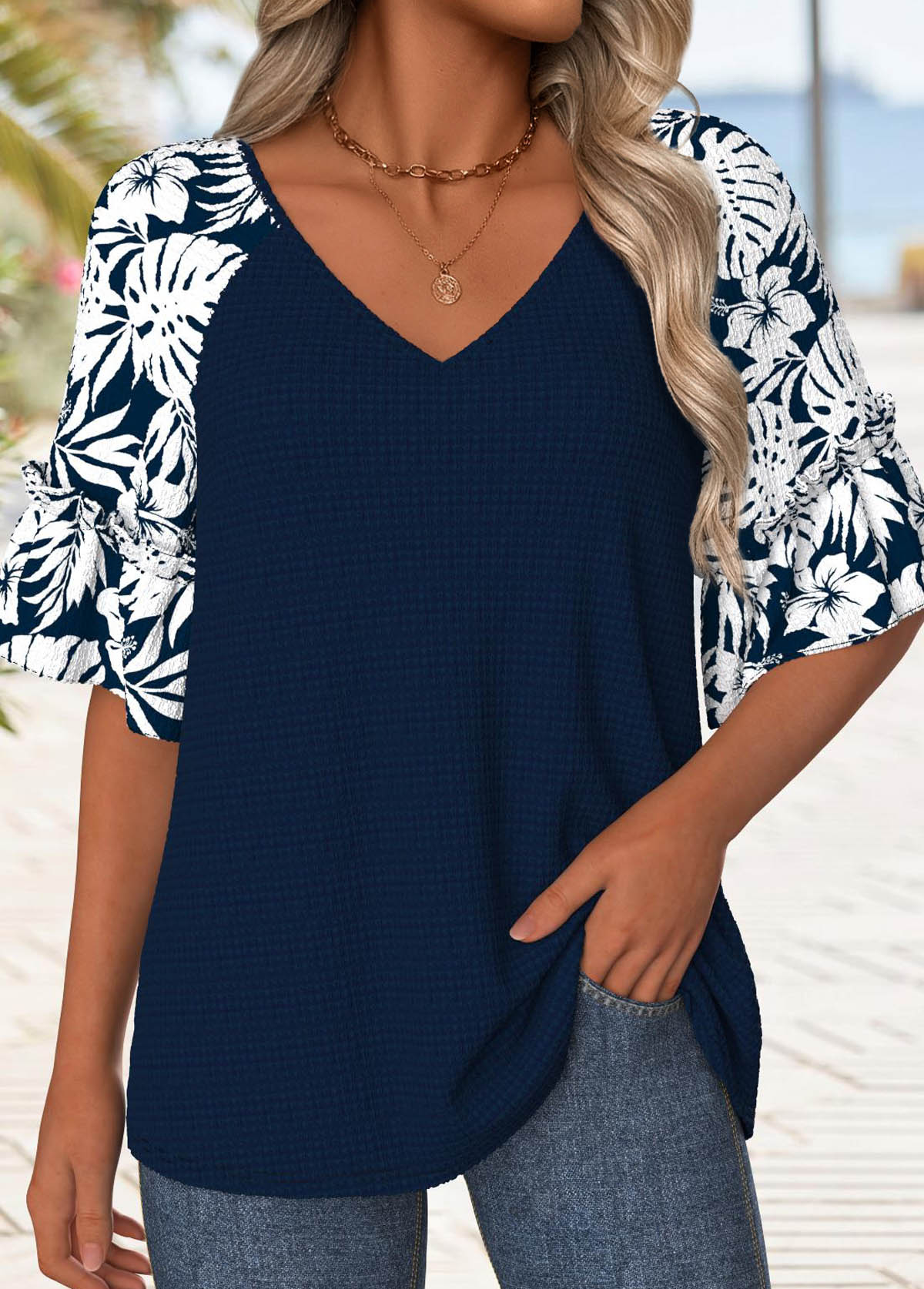 Navy Tummy Coverage Tropical Plants Print T Shirt | picture 