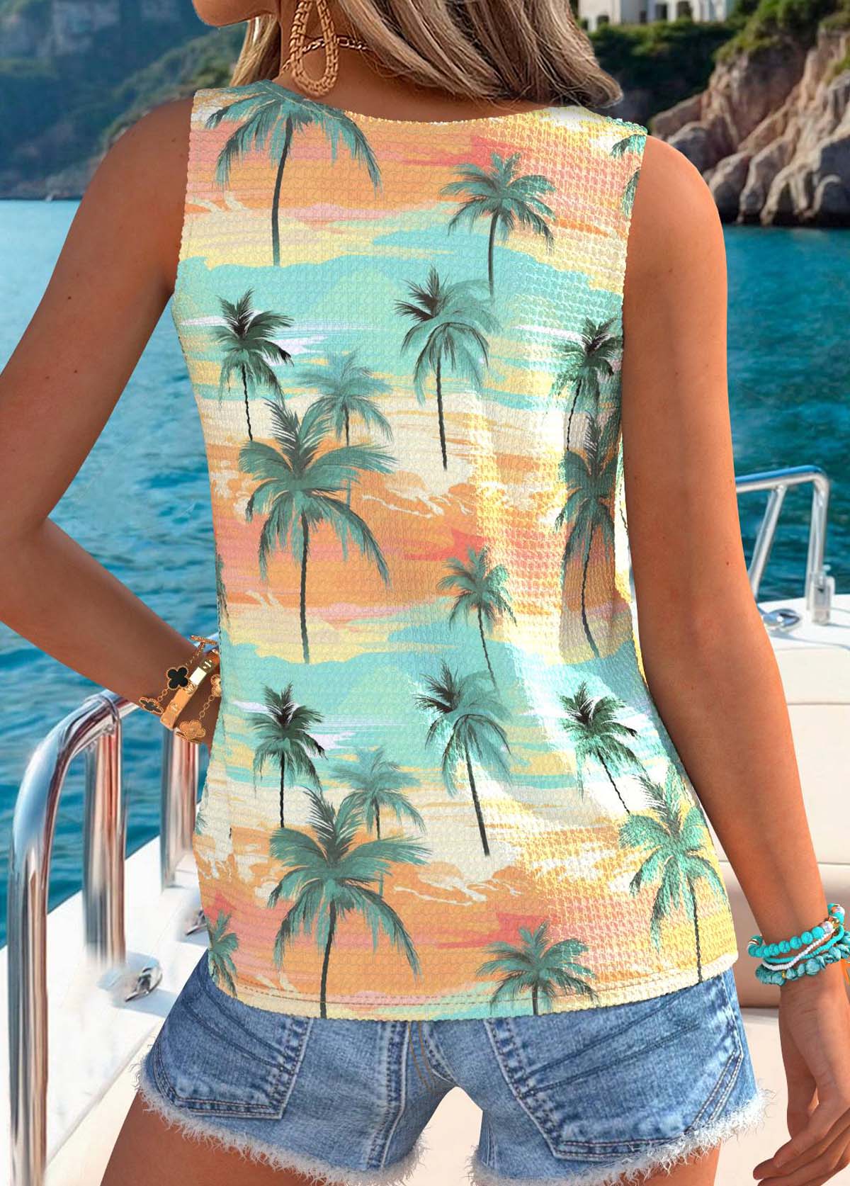 Multi Color Tropical Plants Print Tummy Coverage Tank Top | picture 