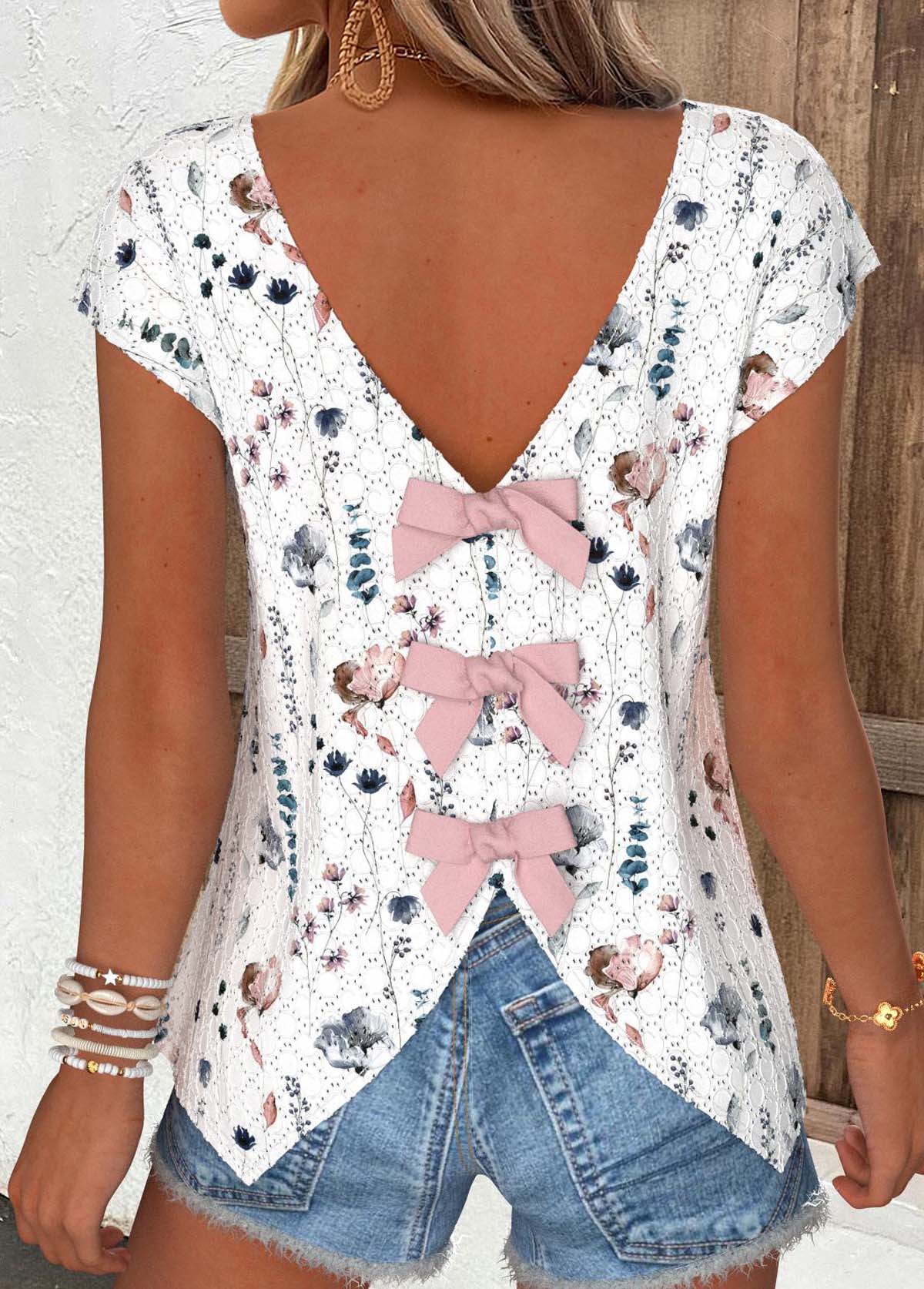 White Tummy Coverage Floral Print Short Sleeve T Shirt | picture 