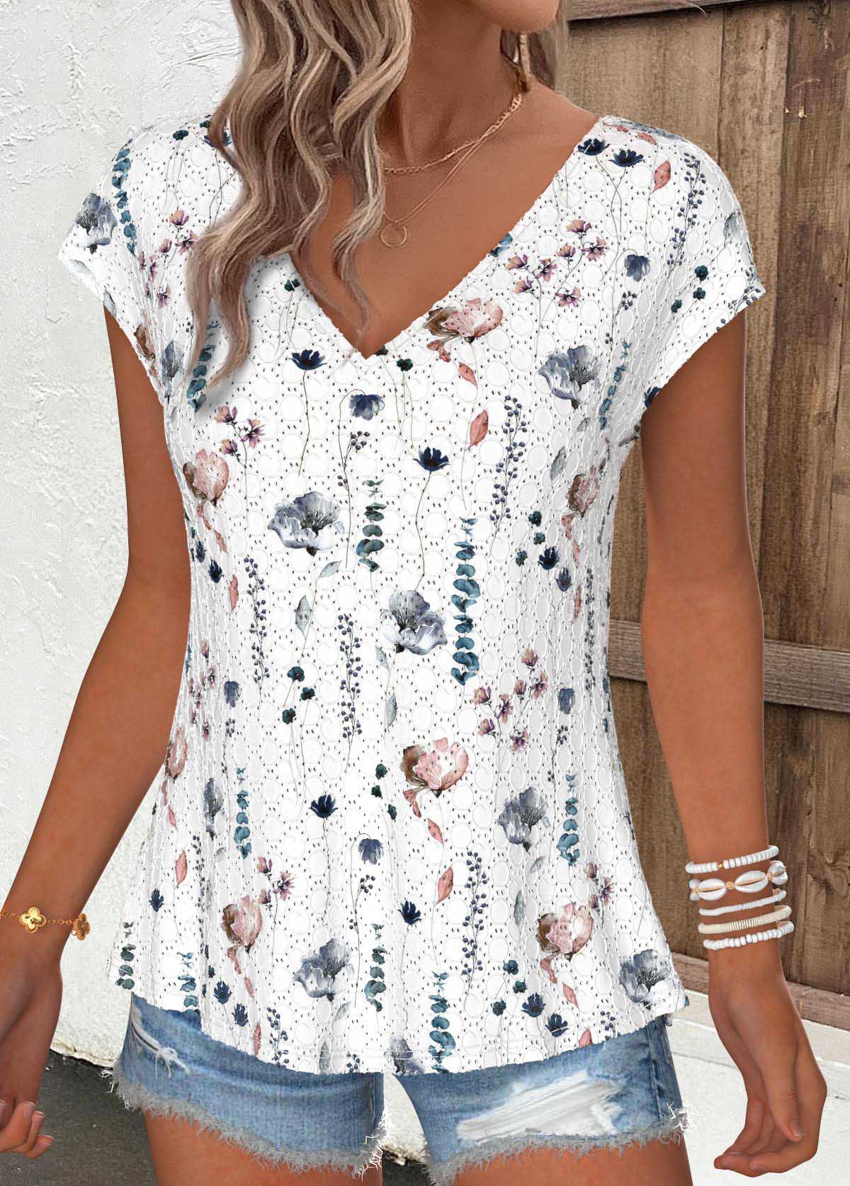 White Tummy Coverage Floral Print Short Sleeve T Shirt | picture 