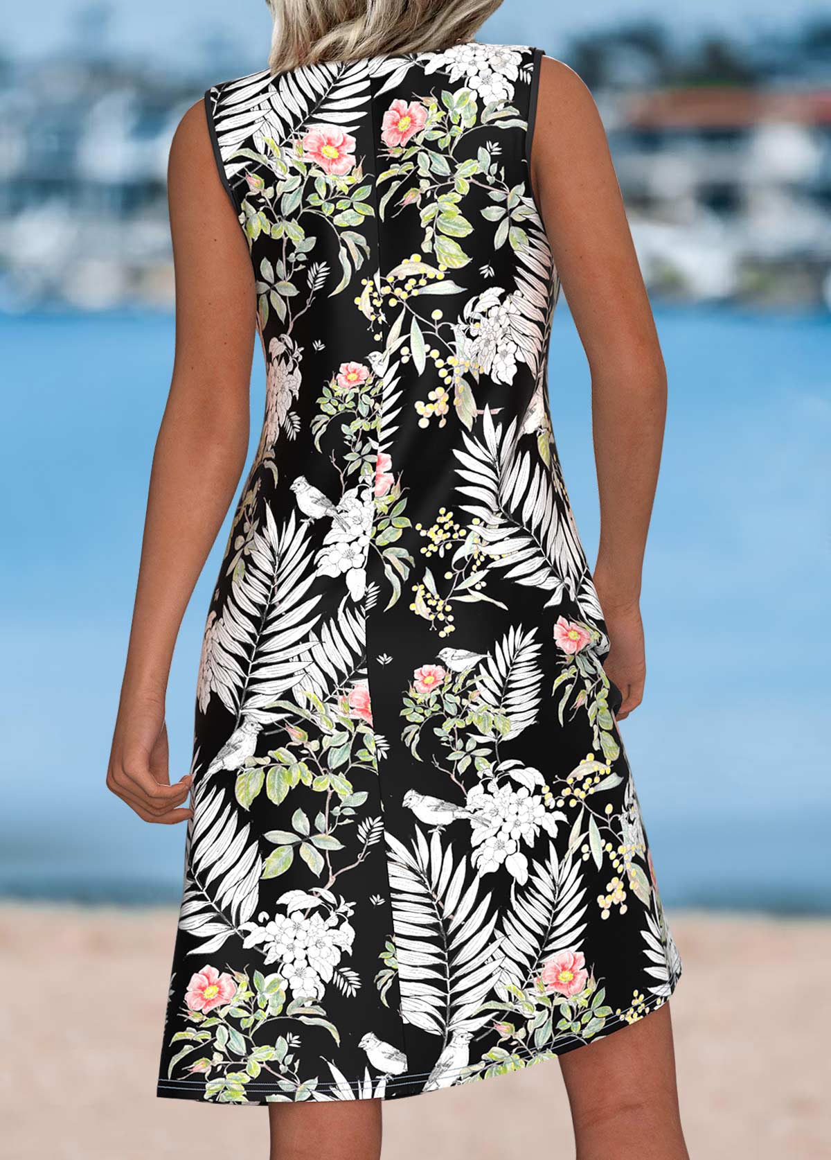 Black Tummy Coverage Leaf Print Sleeveless Round Neck Dress | picture 
