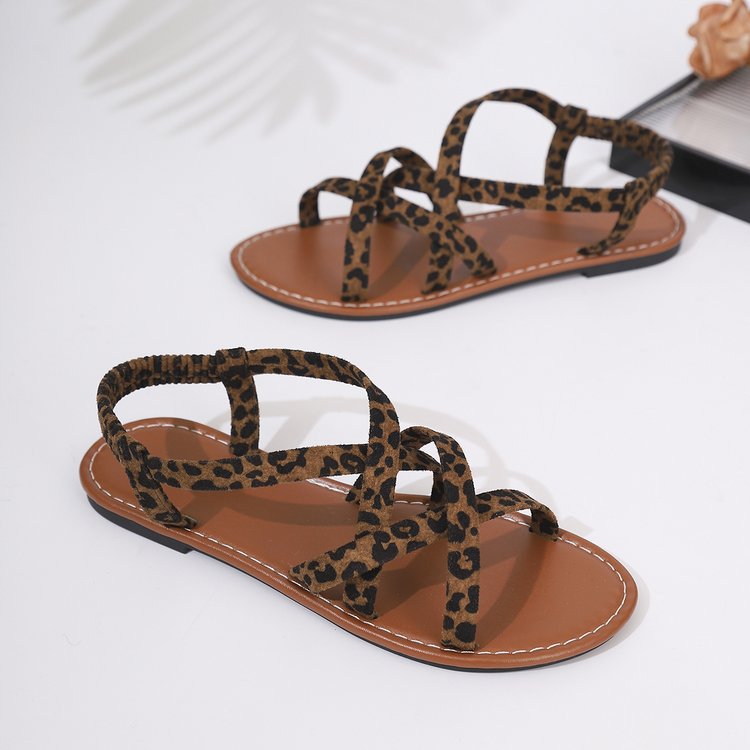 Dark Coffee Leopard Round Toe Falt Sandals | picture 