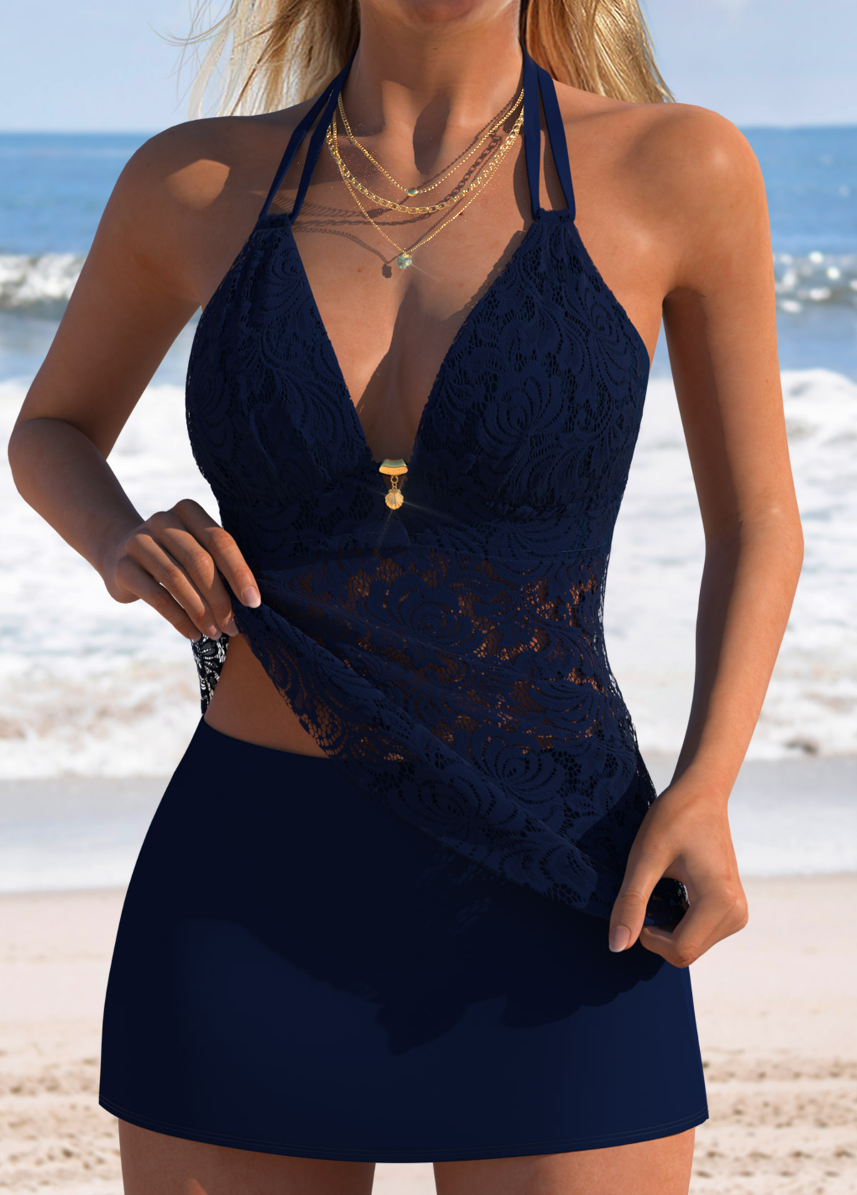 Tummy Coverage Mid Waisted Navy Tankini Set | picture 