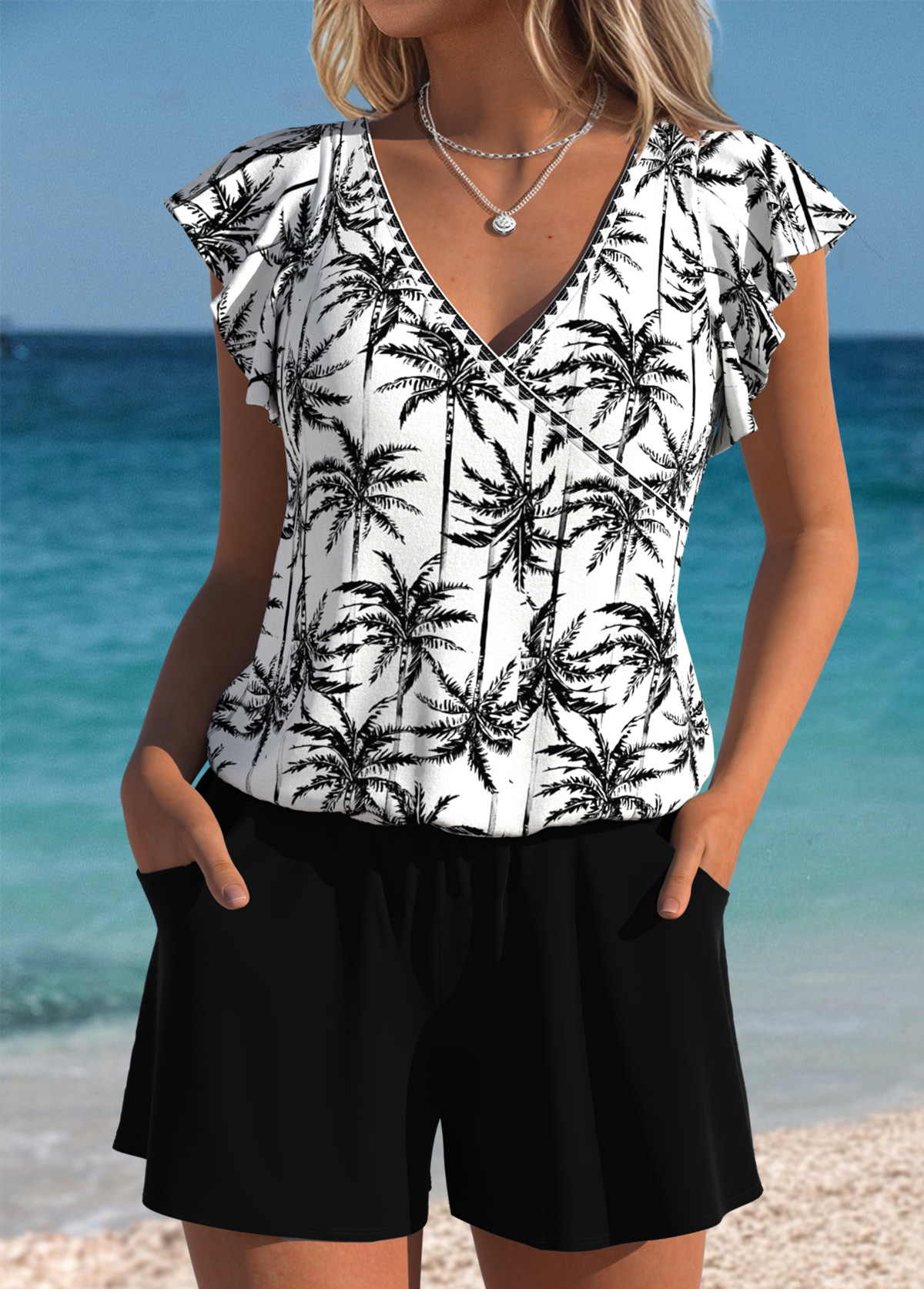 Tummy Coverage Tropical Plants Print Black One Piece Swimwear | picture 