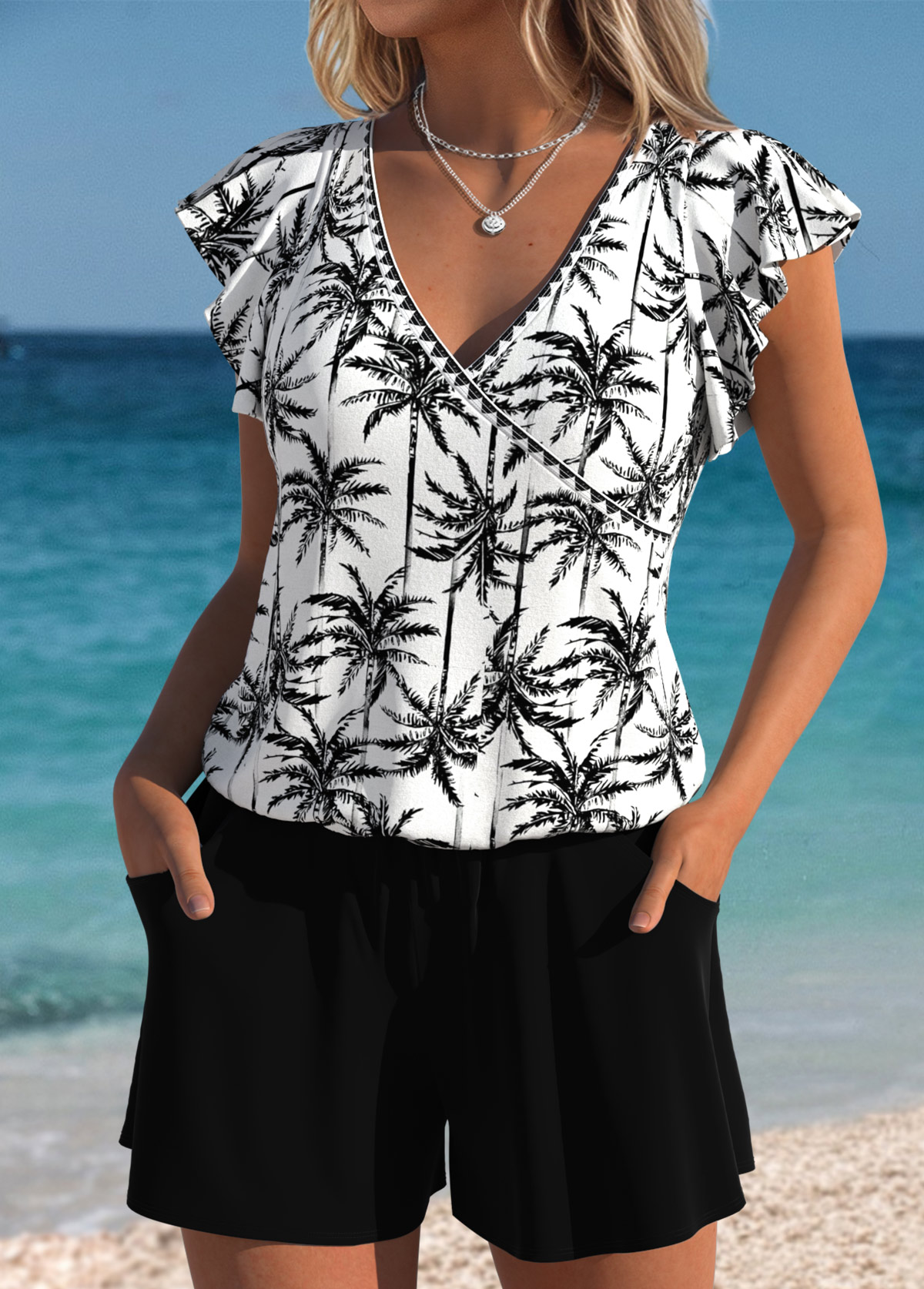 Tummy Coverage Tropical Plants Print Black One Piece Swimwear | picture 