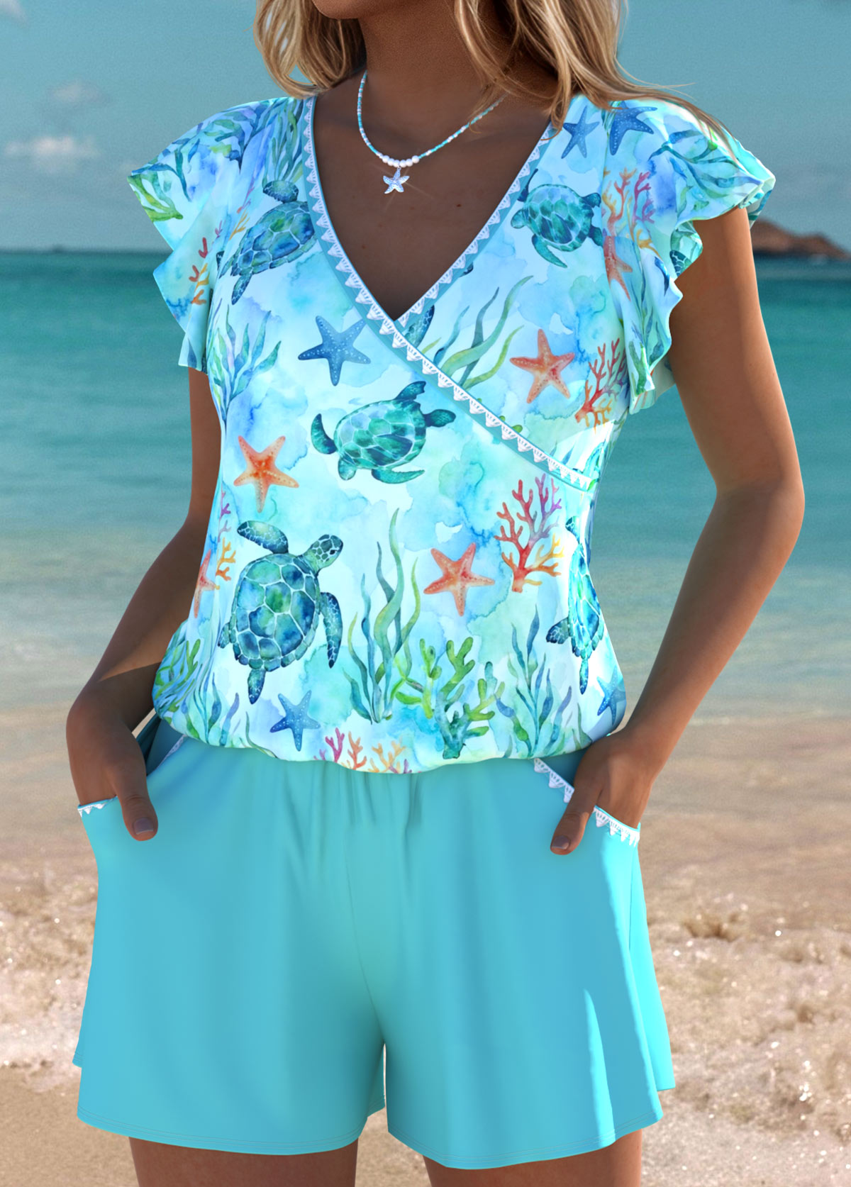 Tummy Coverage Marine Life Print Cyan One Piece Swimwear | picture 