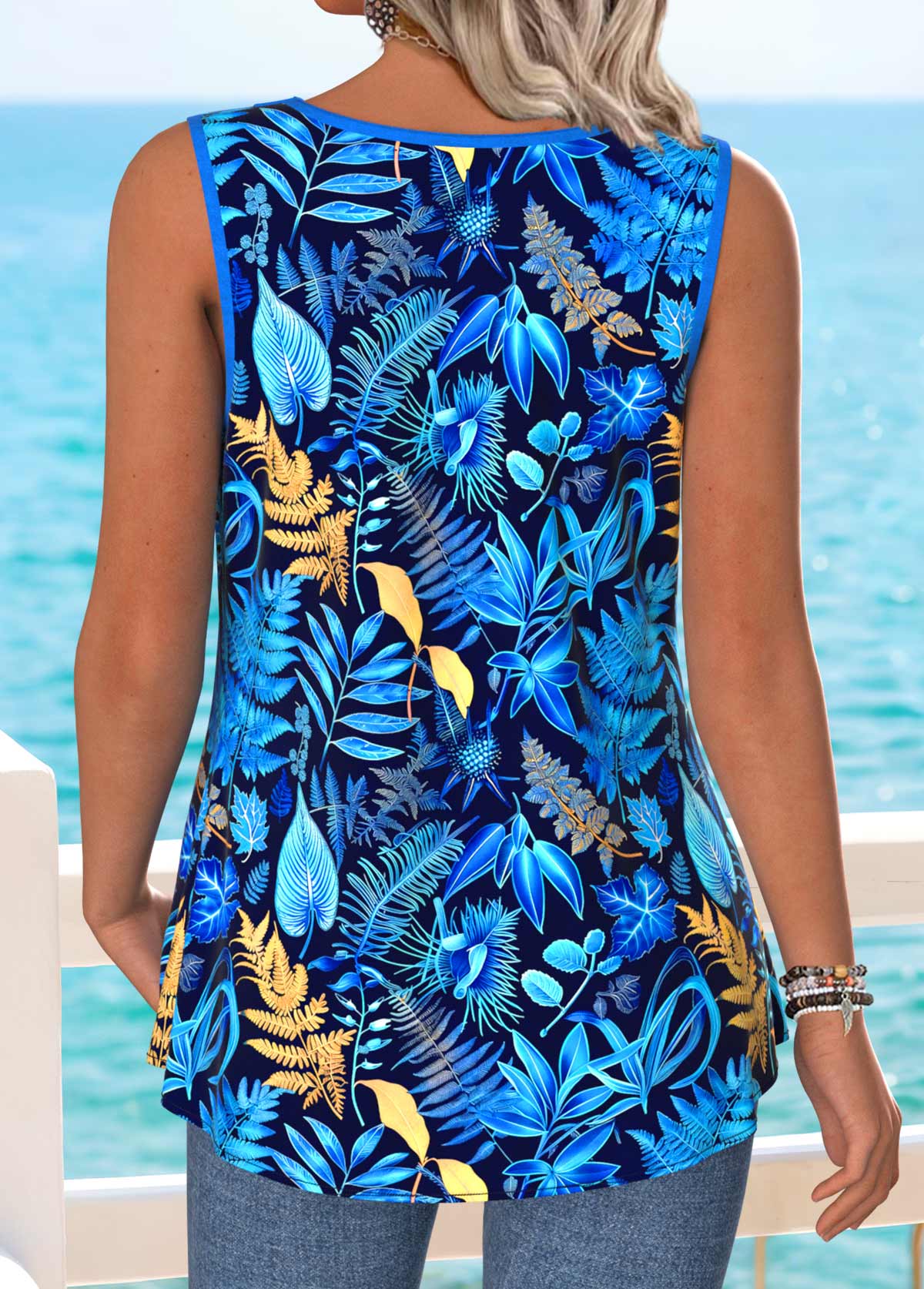 Blue Tummy Coverage Leaf Print Sleeveless Tank Top | picture 