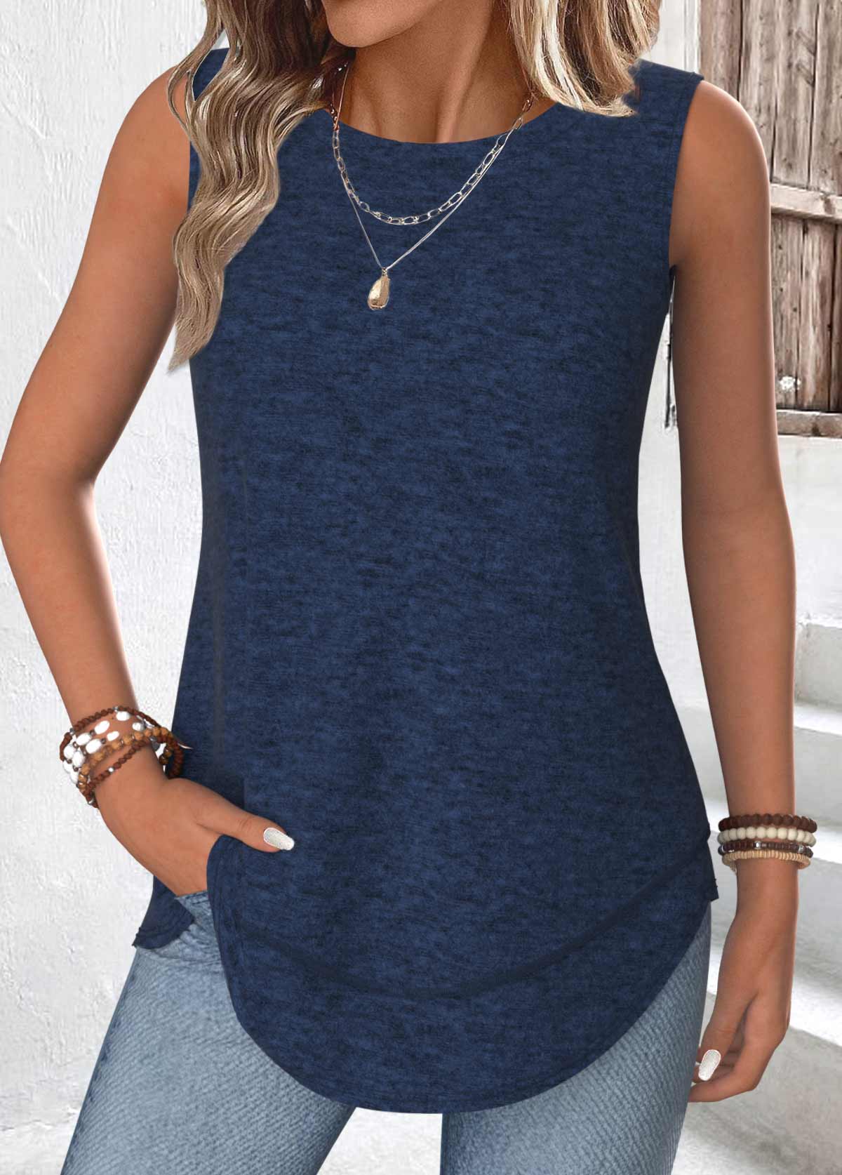Navy Tummy Coverage Sleeveless Round Neck Tank Top | picture 