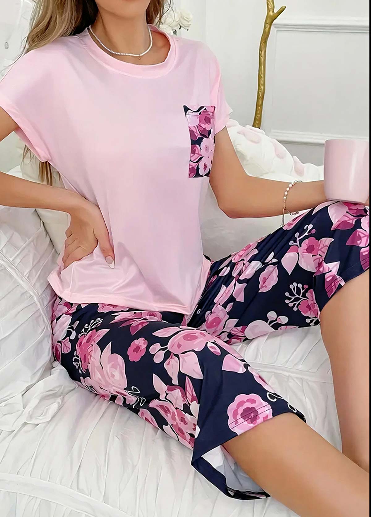 Pink Floral Print Short Sleeve Lounge Top and Pants | picture 