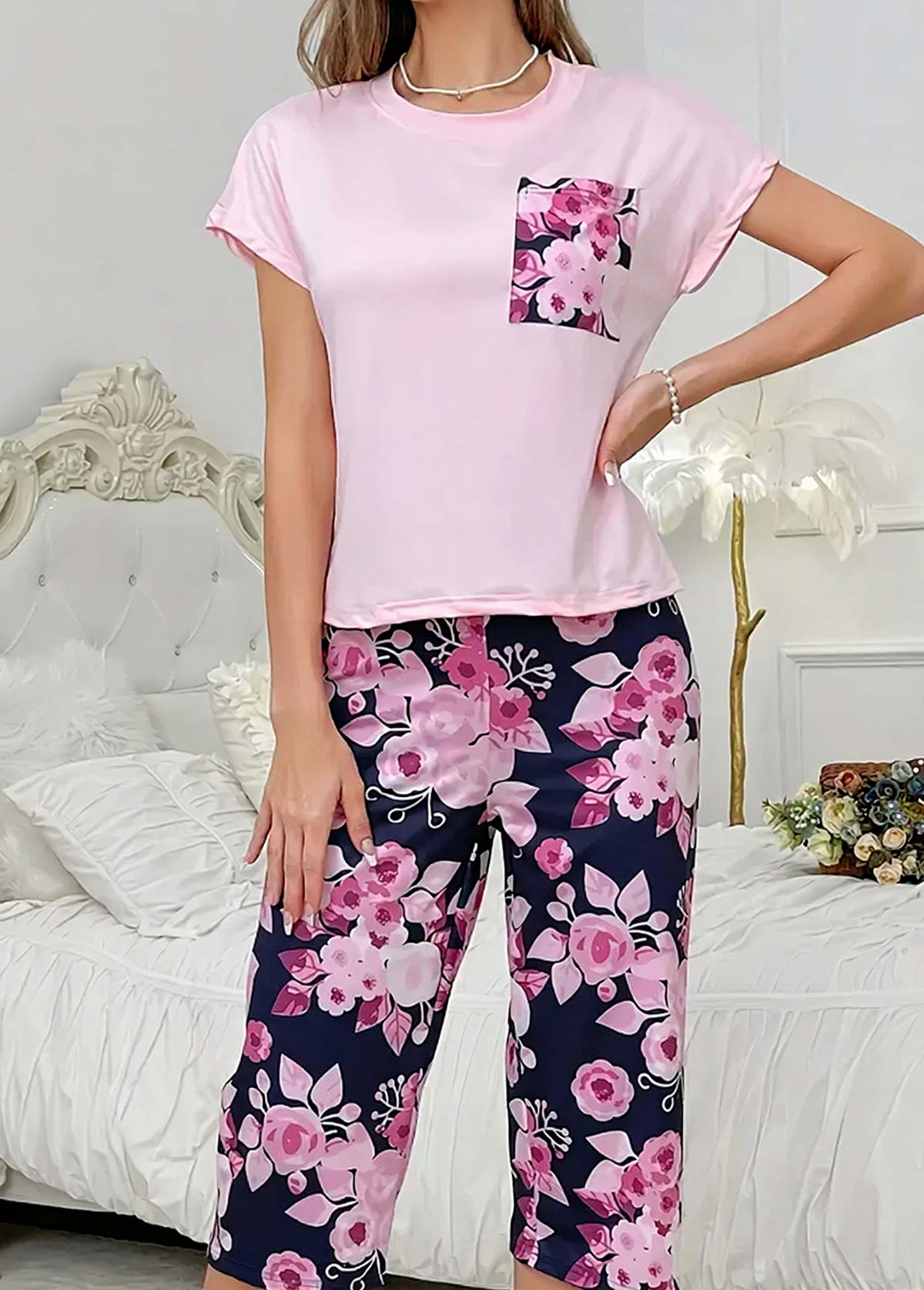 Pink Floral Print Short Sleeve Lounge Top and Pants | picture 