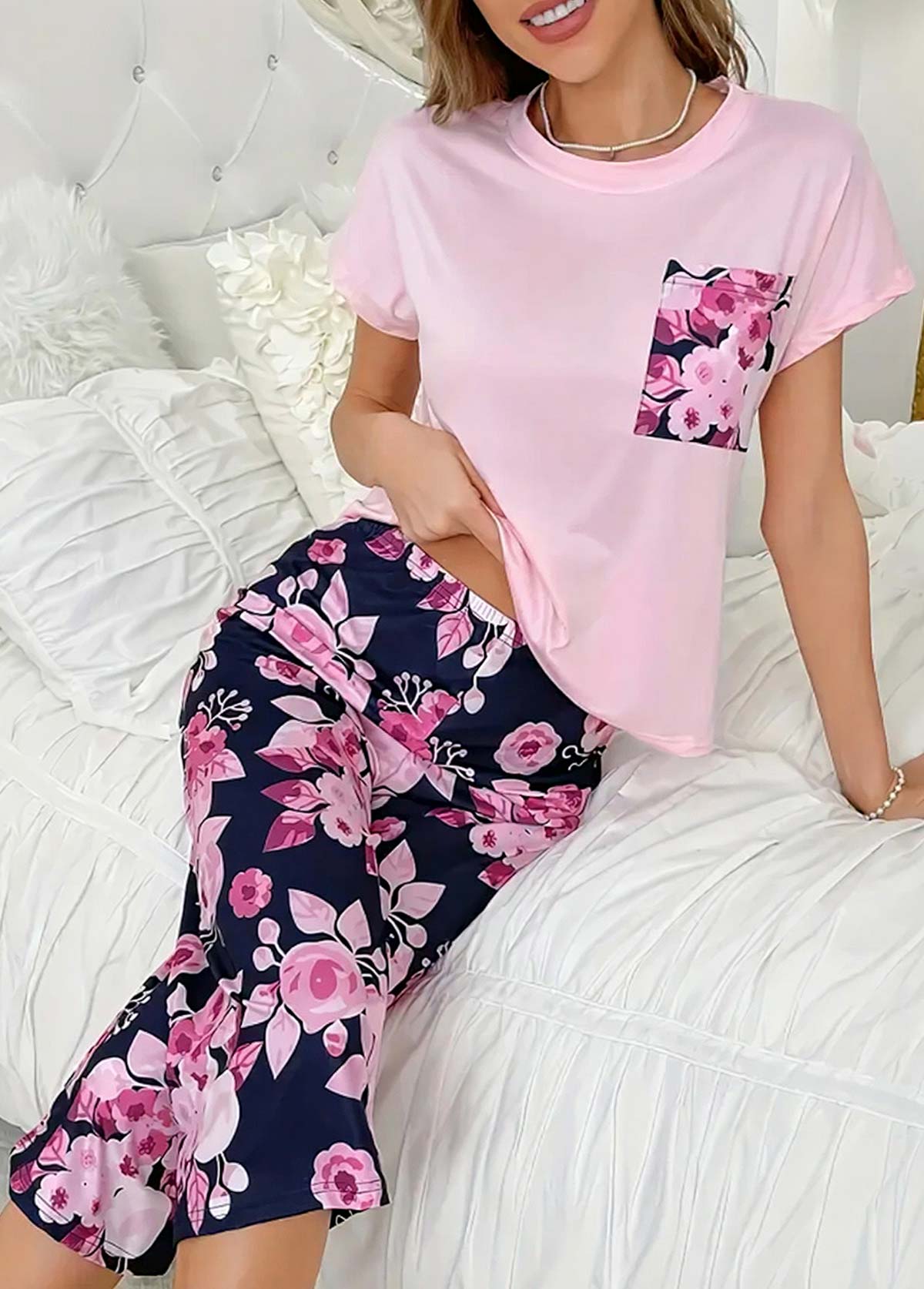 Pink Floral Print Short Sleeve Lounge Top and Pants | picture 